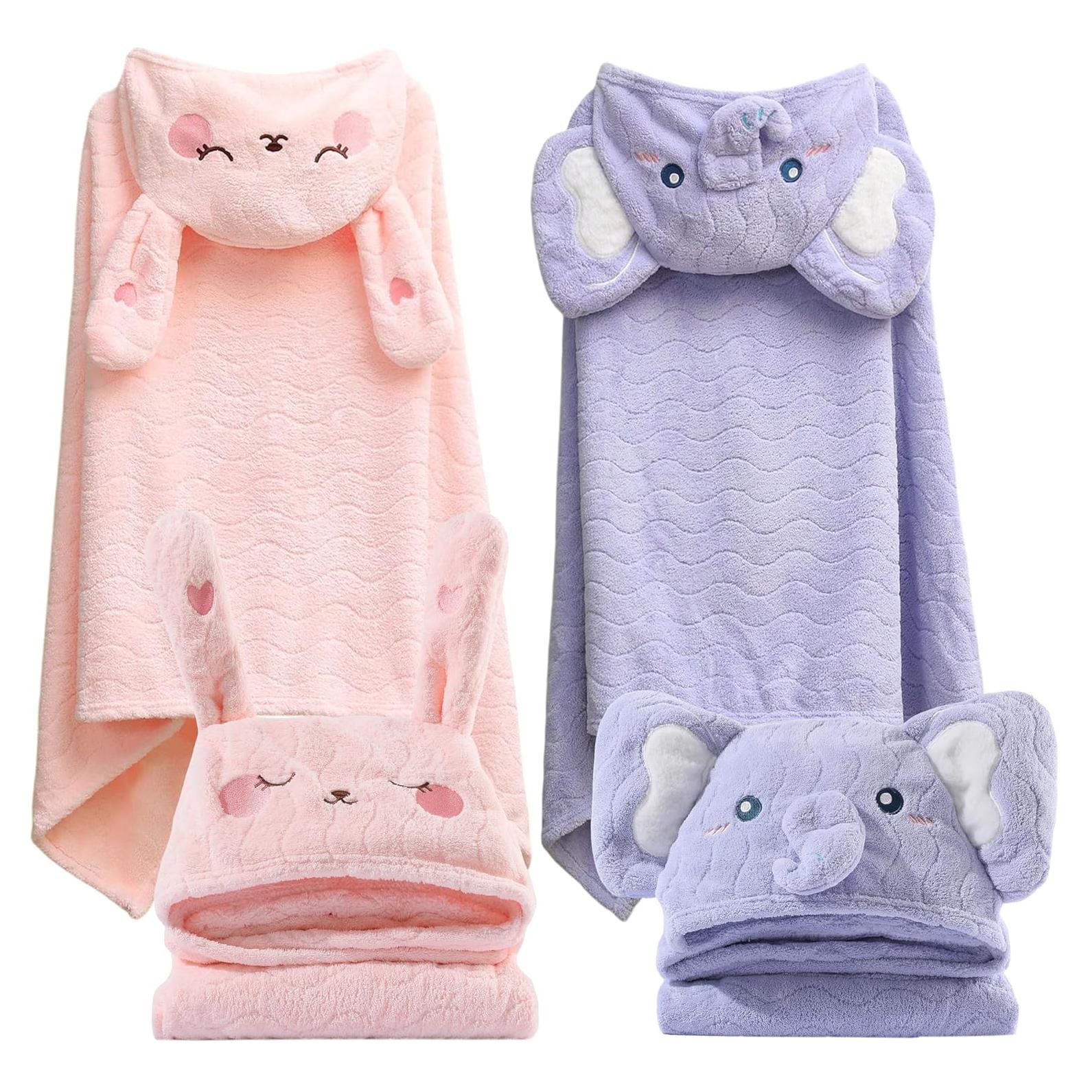 Toallas con Capucha Kmilro para Niños 2-Pack Elefante y Conejo