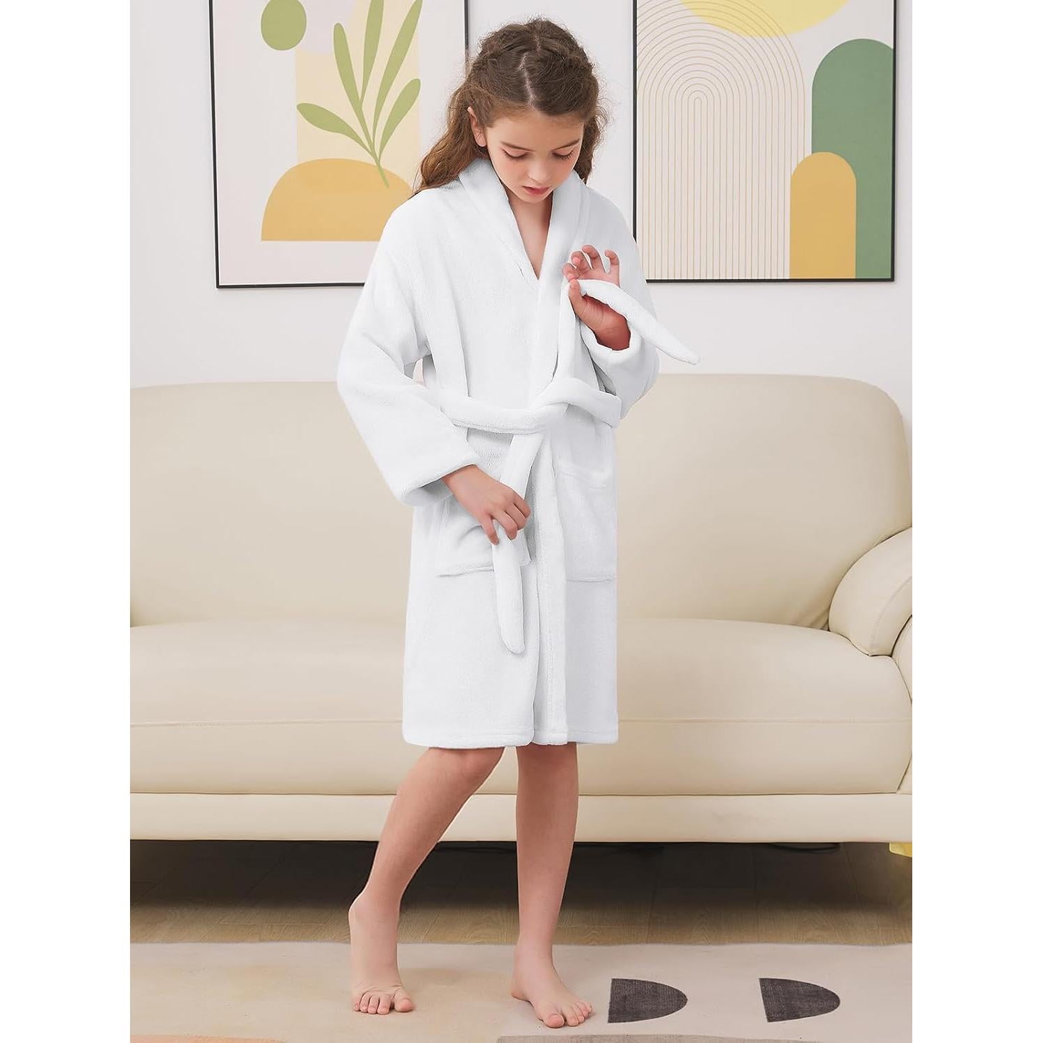 Bata de Franela Suave para Niñas Umeyda, 5-6 Años, Blanca