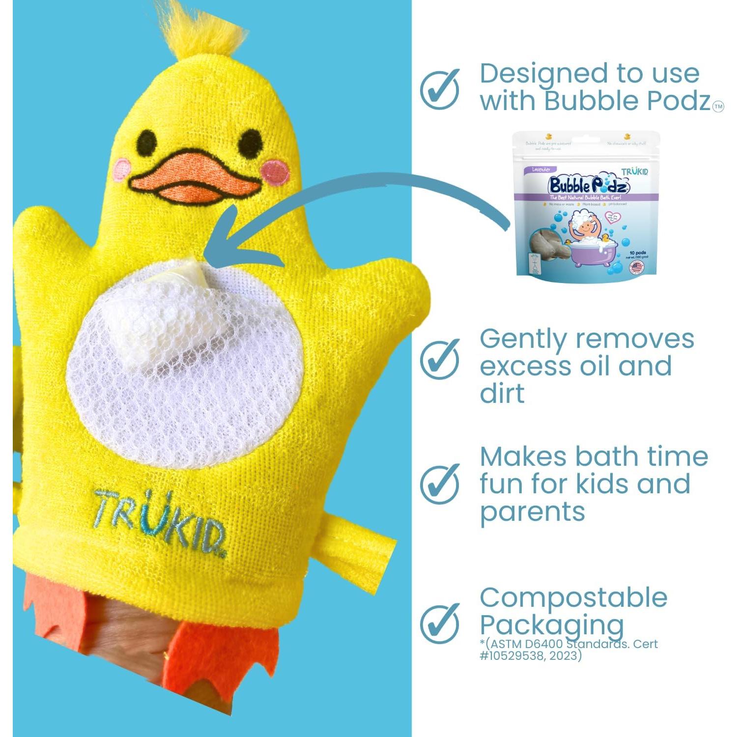 TruKid BubbleGlove Set de 2 - Guantes de Baño Patito para Niños