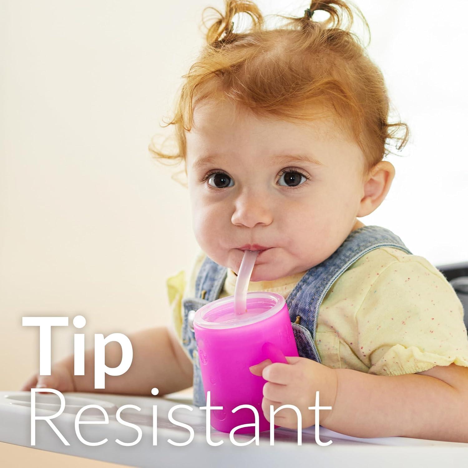 PopYum Silicone Training Cup with Straw Lid, 2-Pack for Baby, Infant and Toddler, Tumbler, Sippy, handles, 5 ounce (purple, pink)