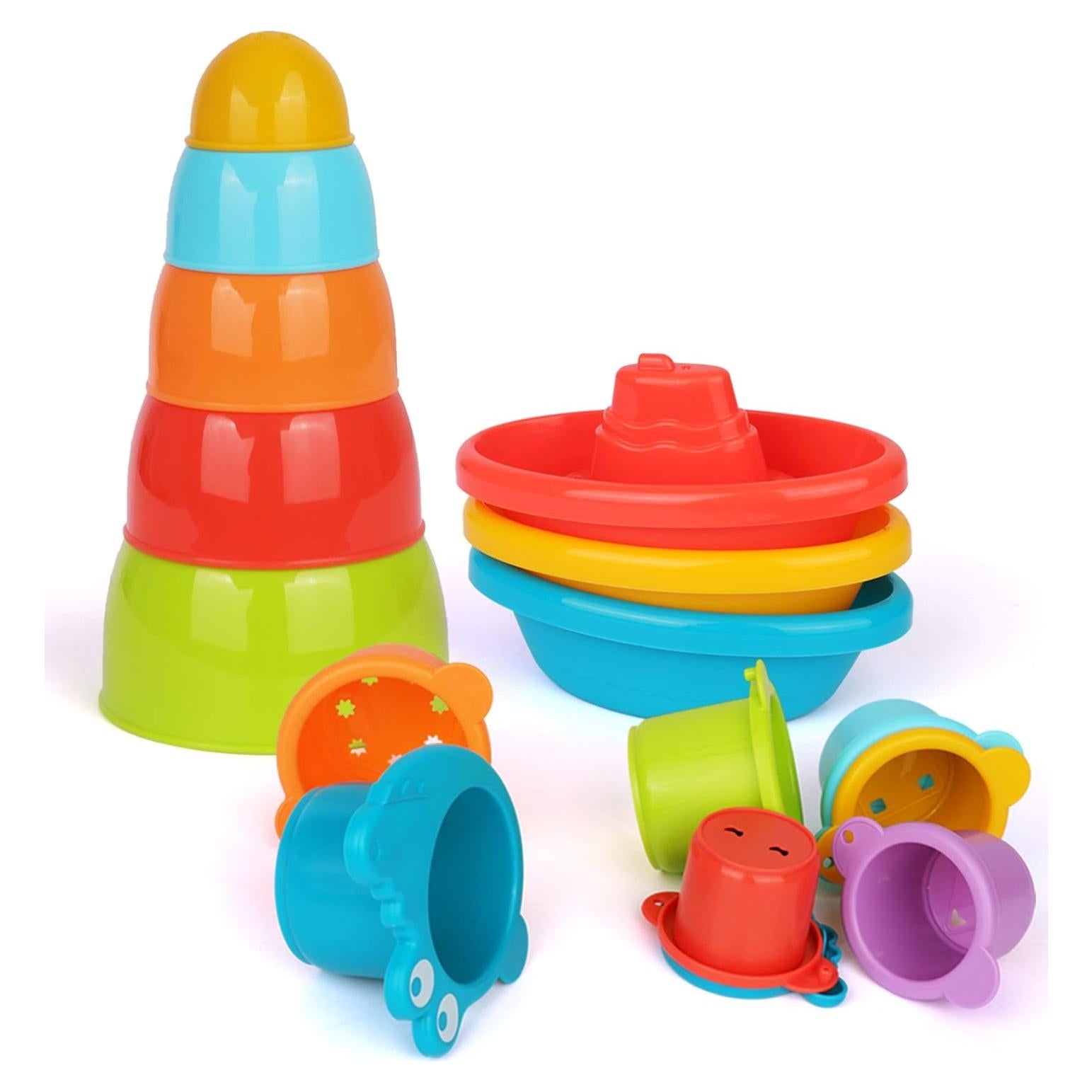 Juego de Juguetes de Baño Playkidz - Barcos y Tazas Apilables 16 Piezas