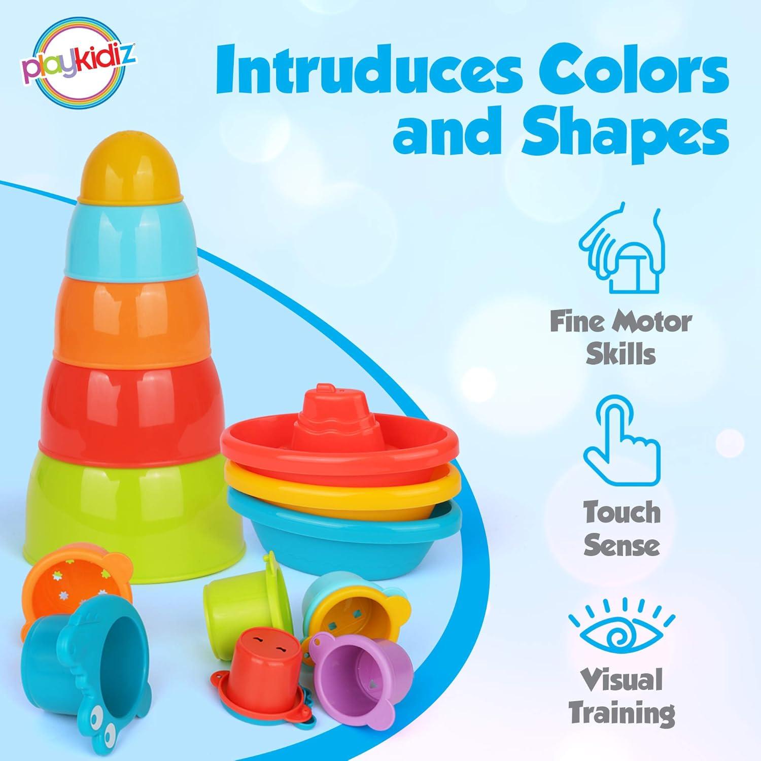 Juego de Juguetes de Baño Playkidz - Barcos y Tazas Apilables 16 Piezas