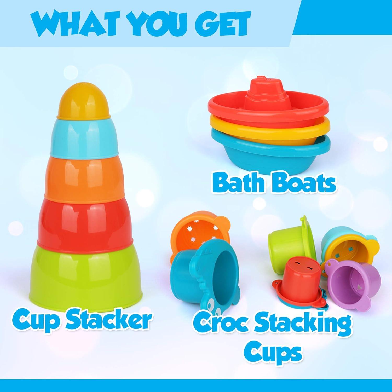 Juego de Juguetes de Baño Playkidz - Barcos y Tazas Apilables 16 Piezas