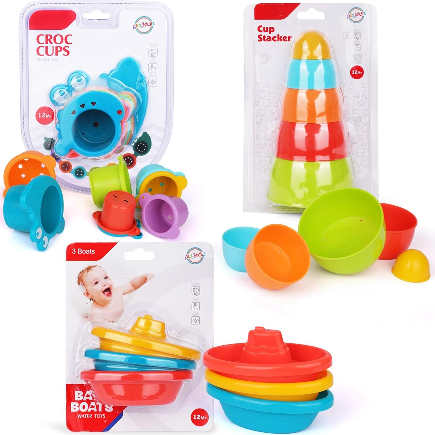 Juego de Juguetes de Baño Playkidz - Barcos y Tazas Apilables 16 Piezas