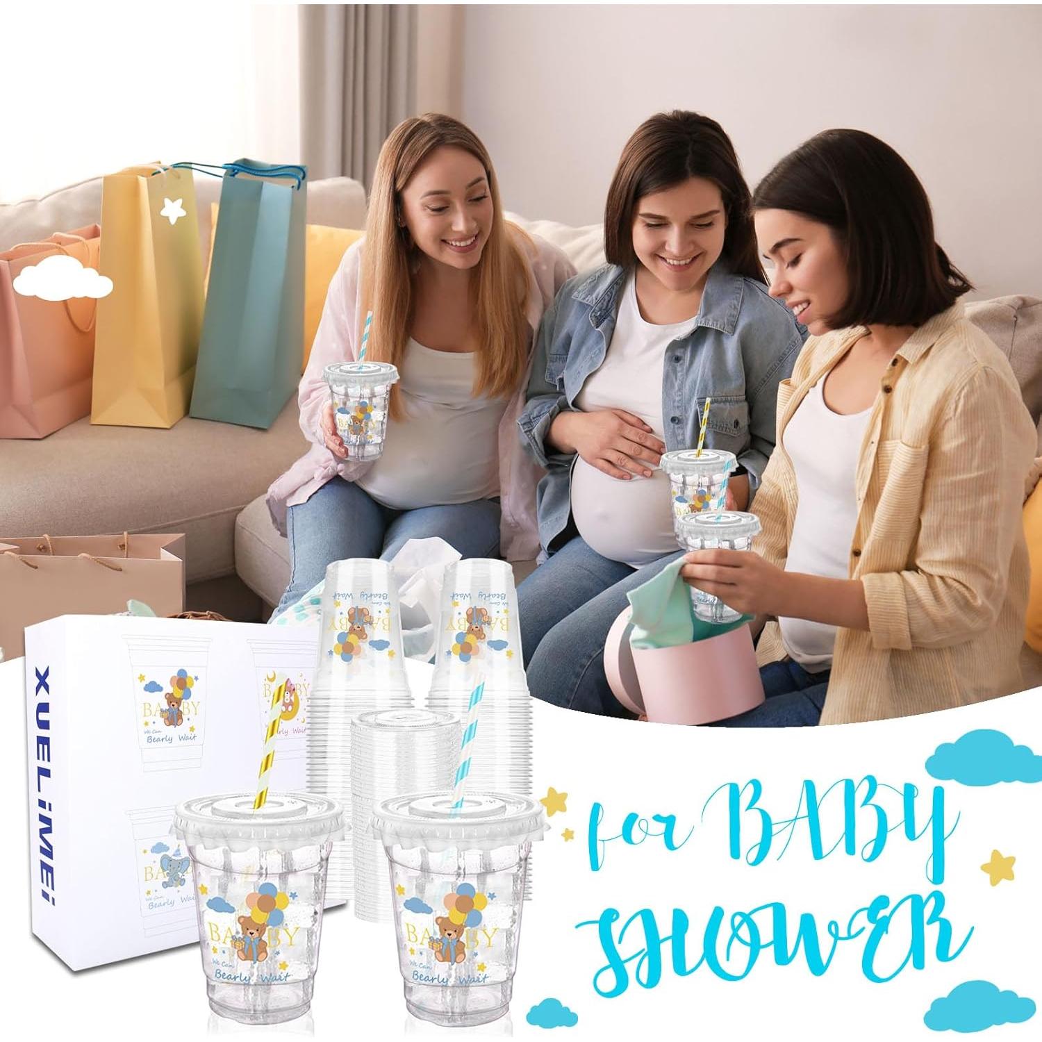 50 Tazas Plásticas Desechables Xuelimei 12 oz Azul con Tapas