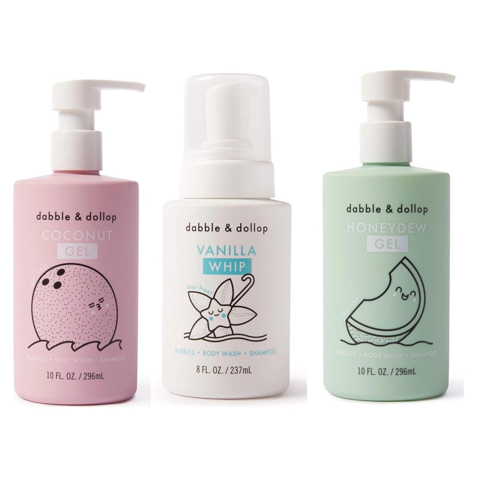Dabble & Dollop Beachy Bundle, Natural Bubble Bath, Body Wash, Shampoo for Kids, Paraben & Sulfate Free, Vegan, Gluten-Free, Tear-Free, Honeydew Melon, Vanilla & Coconut (Set of 3)