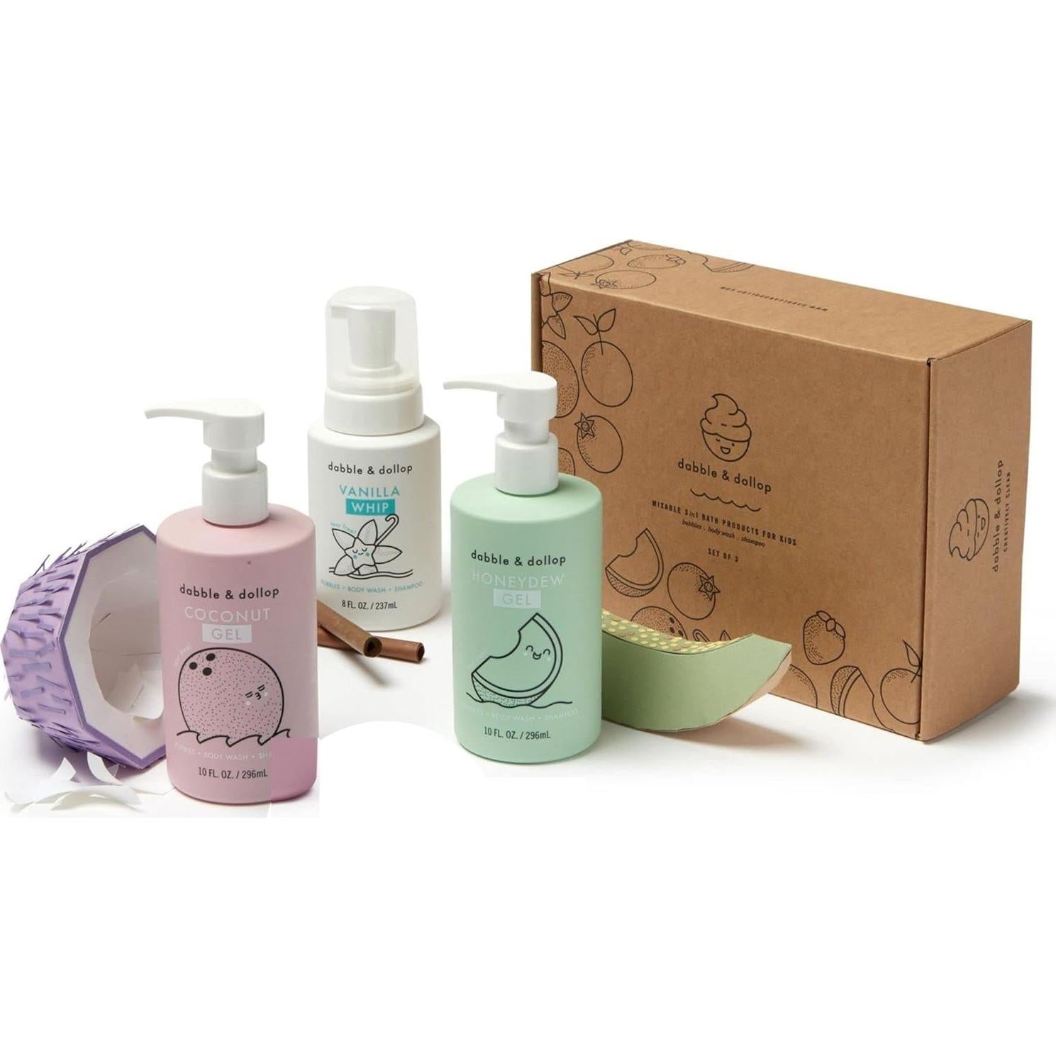 Dabble & Dollop Beachy Bundle, Natural Bubble Bath, Body Wash, Shampoo for Kids, Paraben & Sulfate Free, Vegan, Gluten-Free, Tear-Free, Honeydew Melon, Vanilla & Coconut (Set of 3)