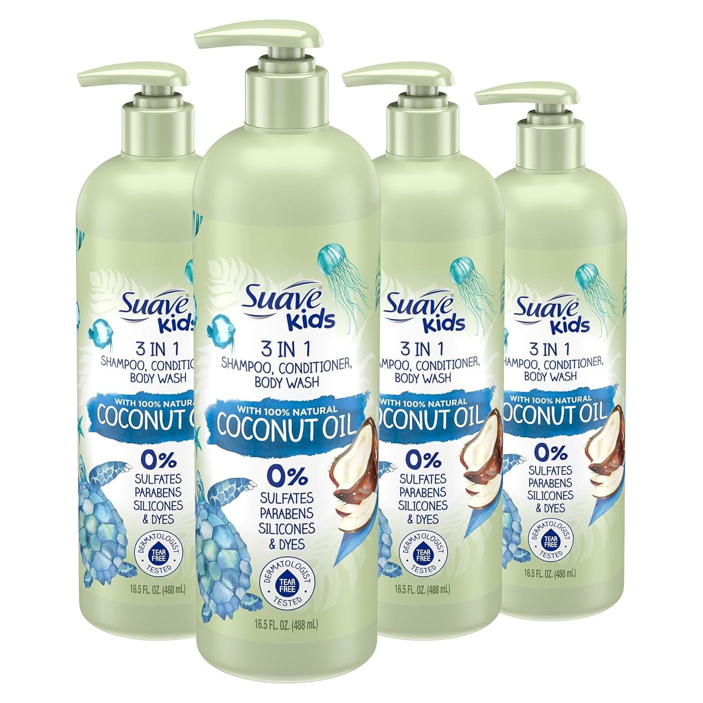 Suave Kids Champú 3 en 1 con Aceite de Coco 466 g Paquete de 4