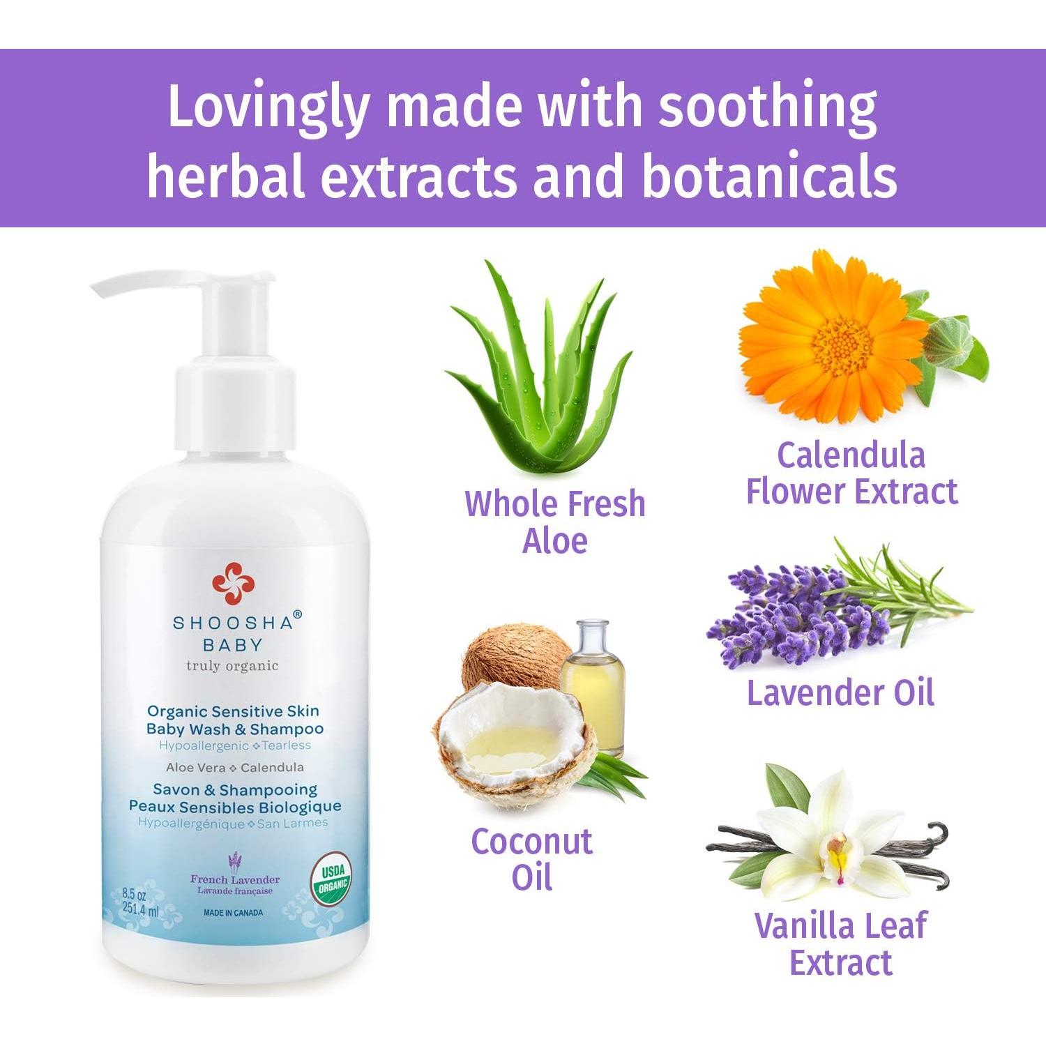 Jabón y Champú Orgánico Shoosha para Bebés 240ml Hipoalergénico