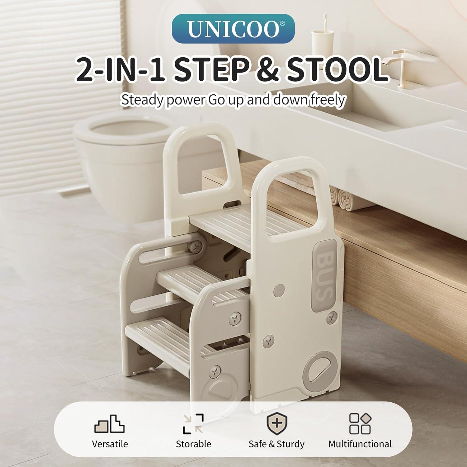 Taburete Plegable 2-en-1 UNICOO Gris y Blanco para Niños