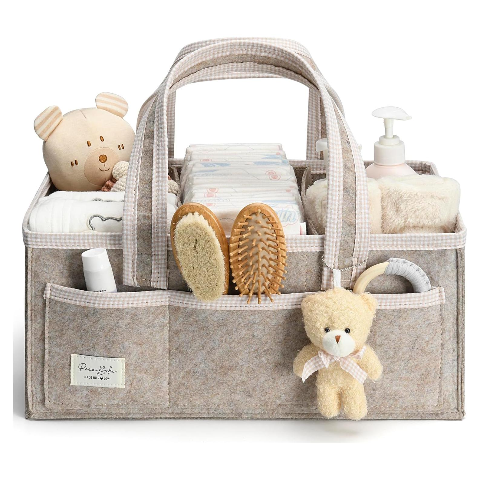 PeraBella XL Diaper Caddy Organizer With Handle, Baby Shower Gifts Basket Bag, Registry Search Must Haves Items, Newborn Girl Boy Nursery Storage Organizer, Baby Bag Essentials, Car Diaper Caddy Cart