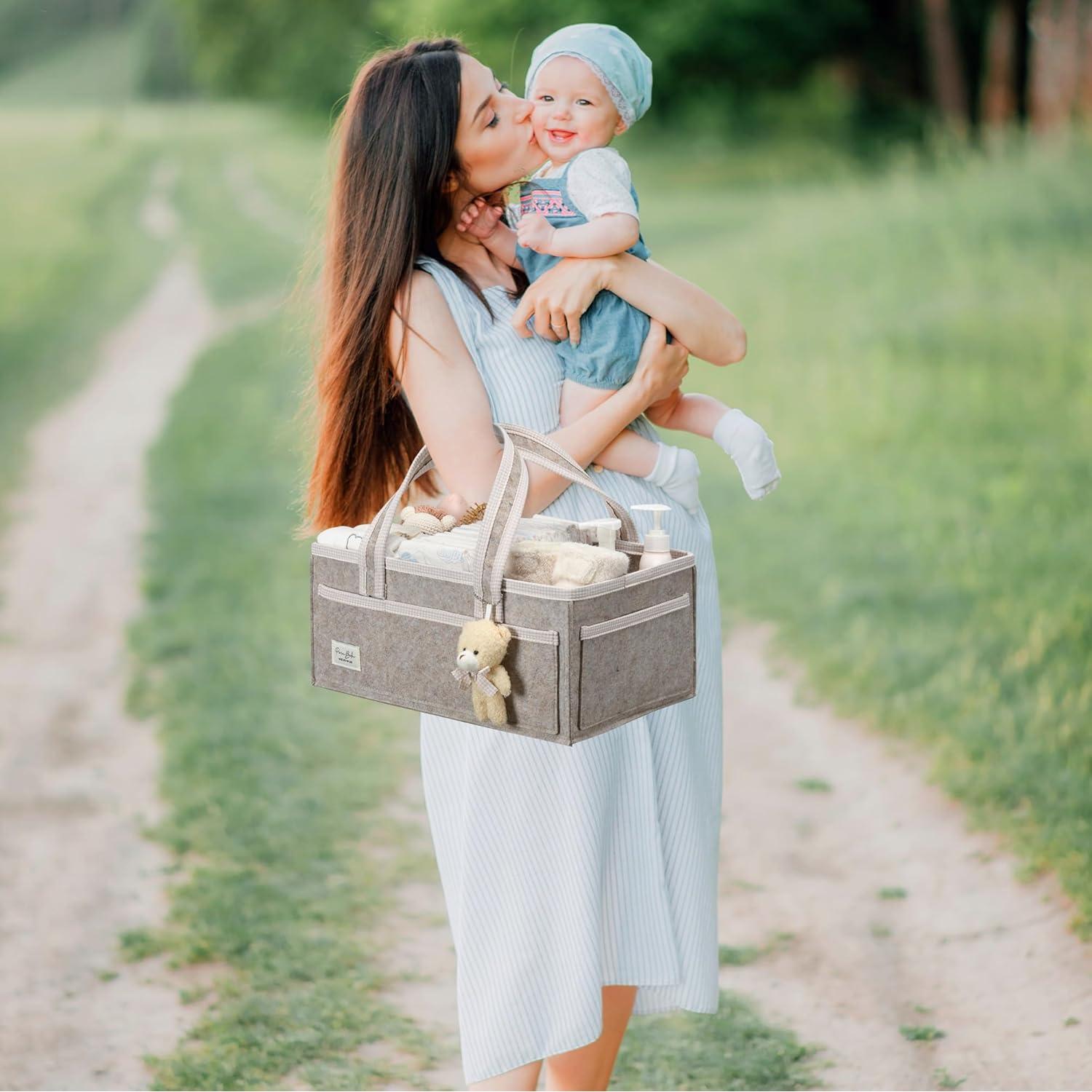 PeraBella XL Diaper Caddy Organizer With Handle, Baby Shower Gifts Basket Bag, Registry Search Must Haves Items, Newborn Girl Boy Nursery Storage Organizer, Baby Bag Essentials, Car Diaper Caddy Cart