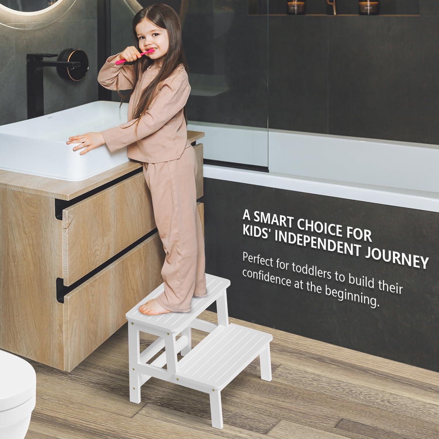 Taburete de Bambú Domax 2 Escalones Blanco Antideslizante