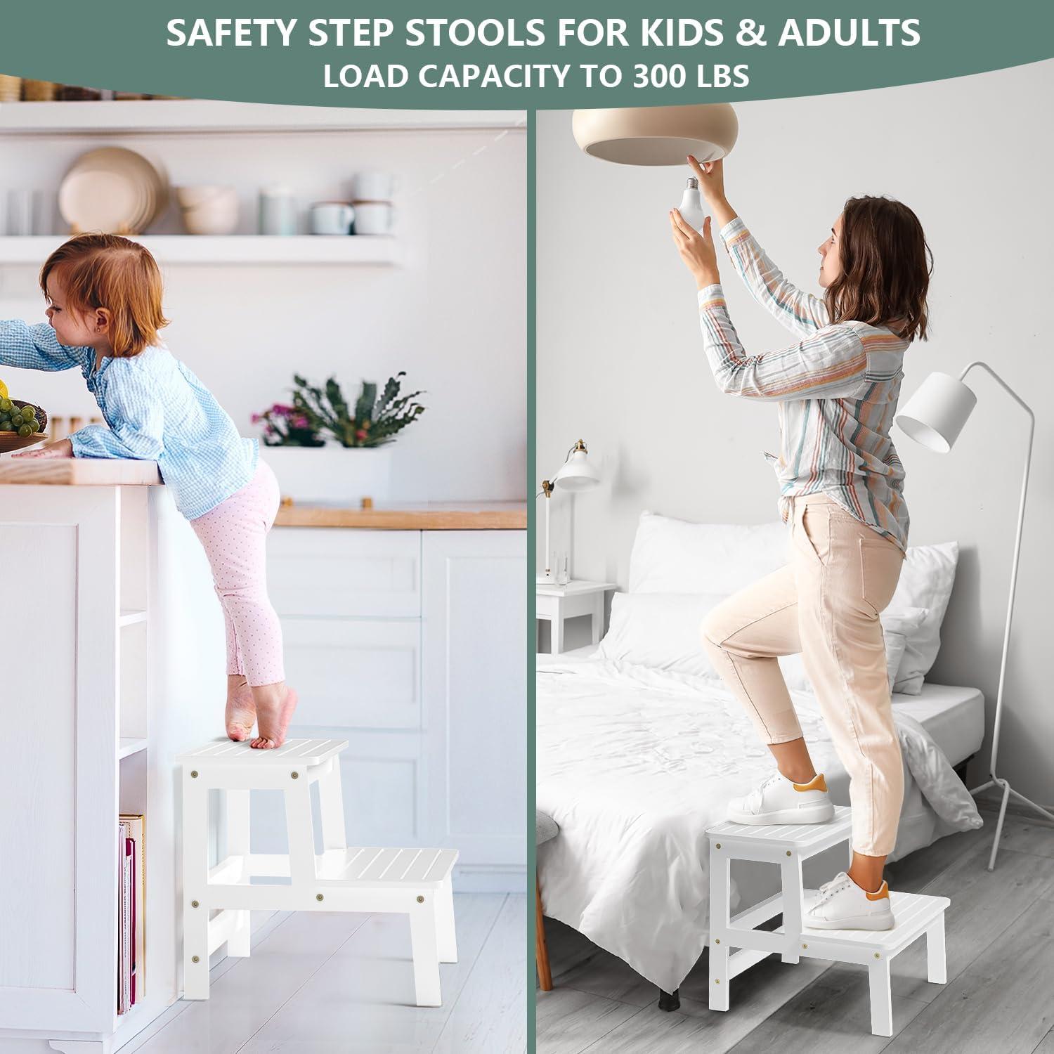 Taburete de Bambú Domax 2 Escalones Blanco Antideslizante