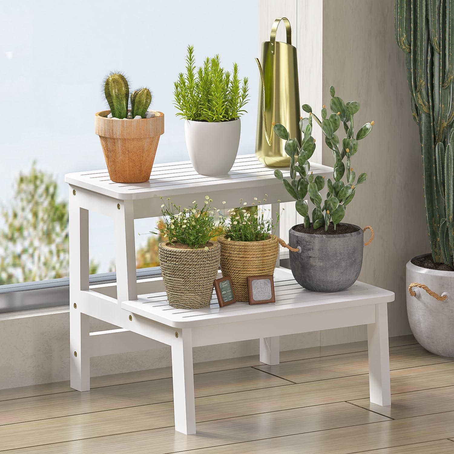 Taburete de Bambú Domax 2 Escalones Blanco Antideslizante