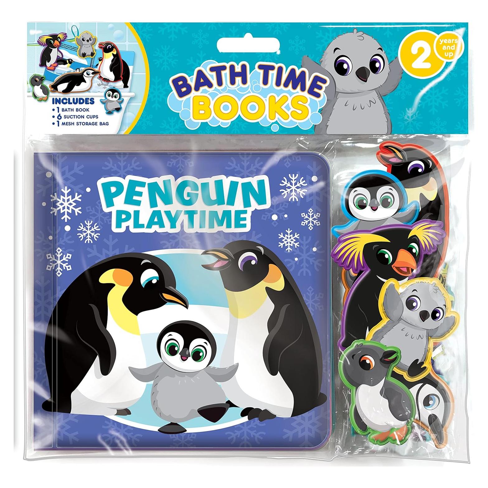 Phidal Penguin Bath Time Books - Activity Books for kids, Bath book, 6 Padded suction cups, 1 Mesh bag