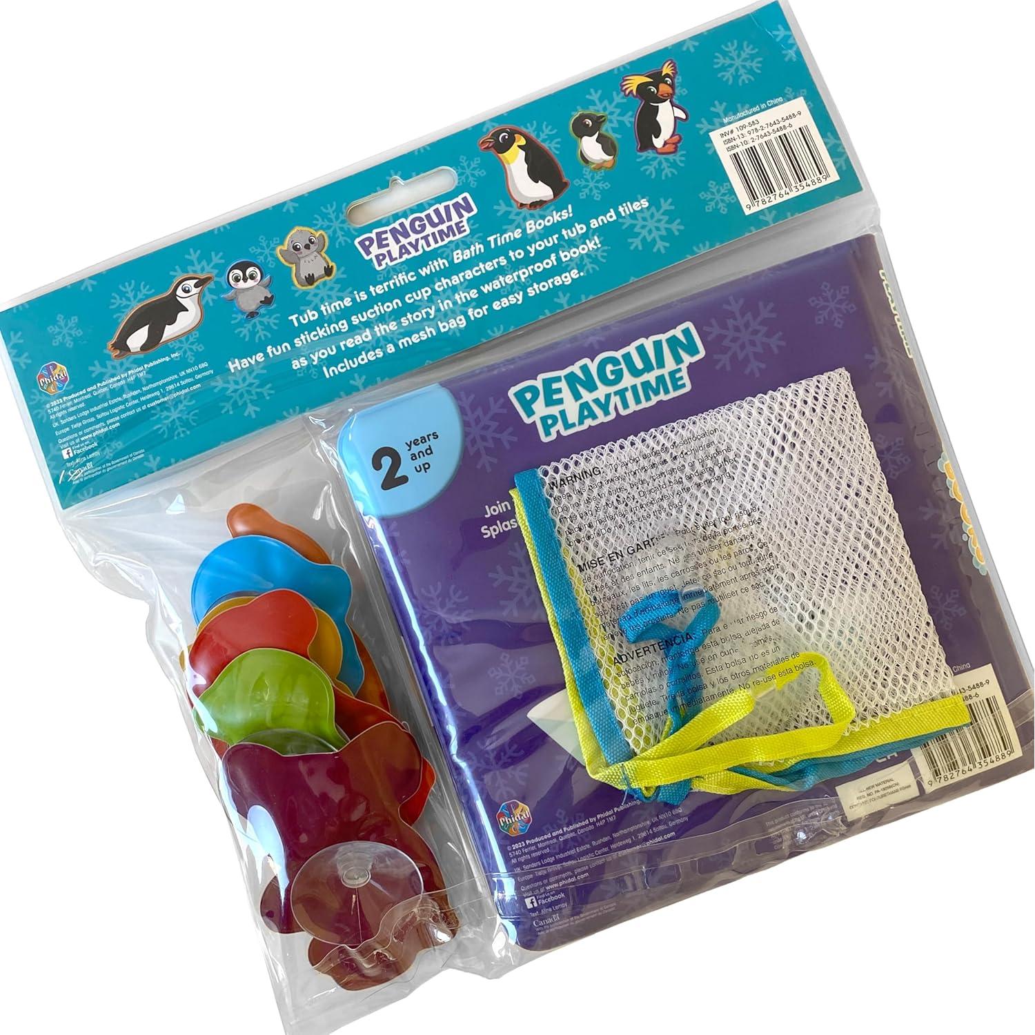 Phidal Penguin Bath Time Books - Activity Books for kids, Bath book, 6 Padded suction cups, 1 Mesh bag