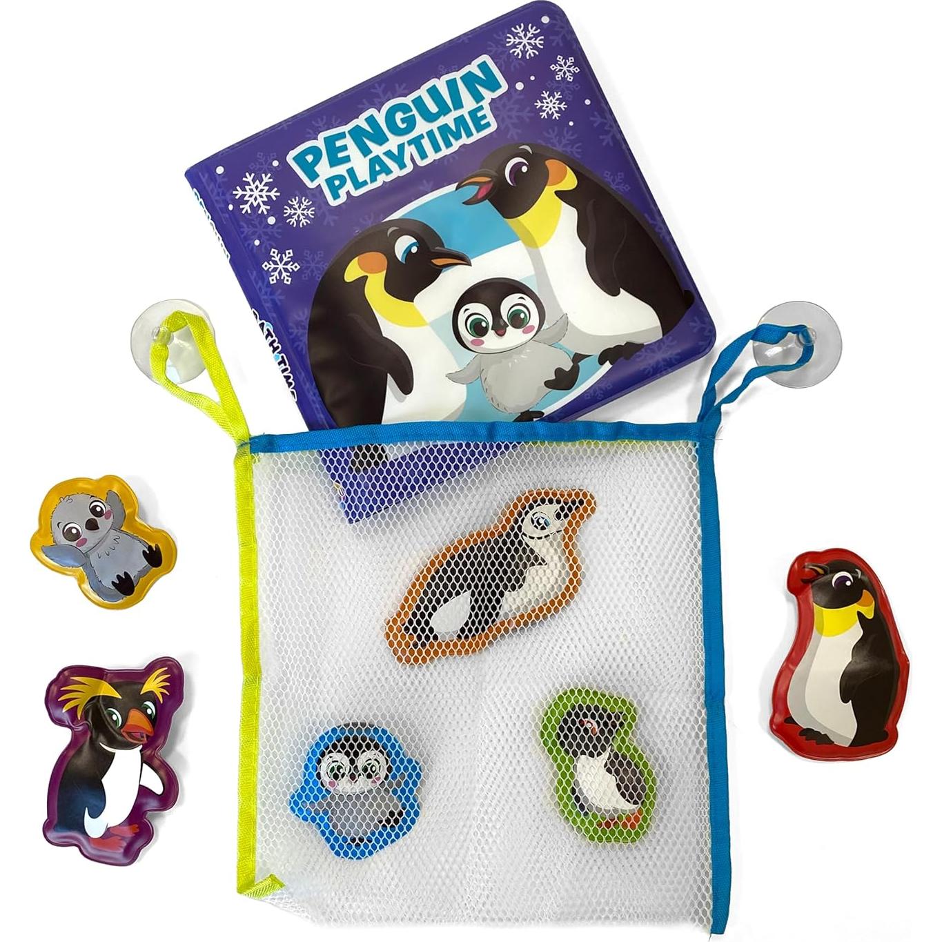 Phidal Penguin Bath Time Books - Activity Books for kids, Bath book, 6 Padded suction cups, 1 Mesh bag