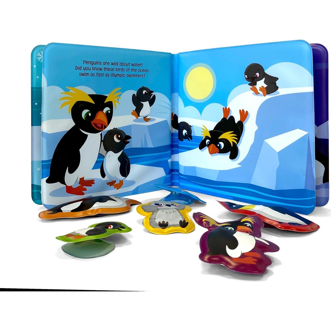 Phidal Penguin Bath Time Books - Activity Books for kids, Bath book, 6 Padded suction cups, 1 Mesh bag