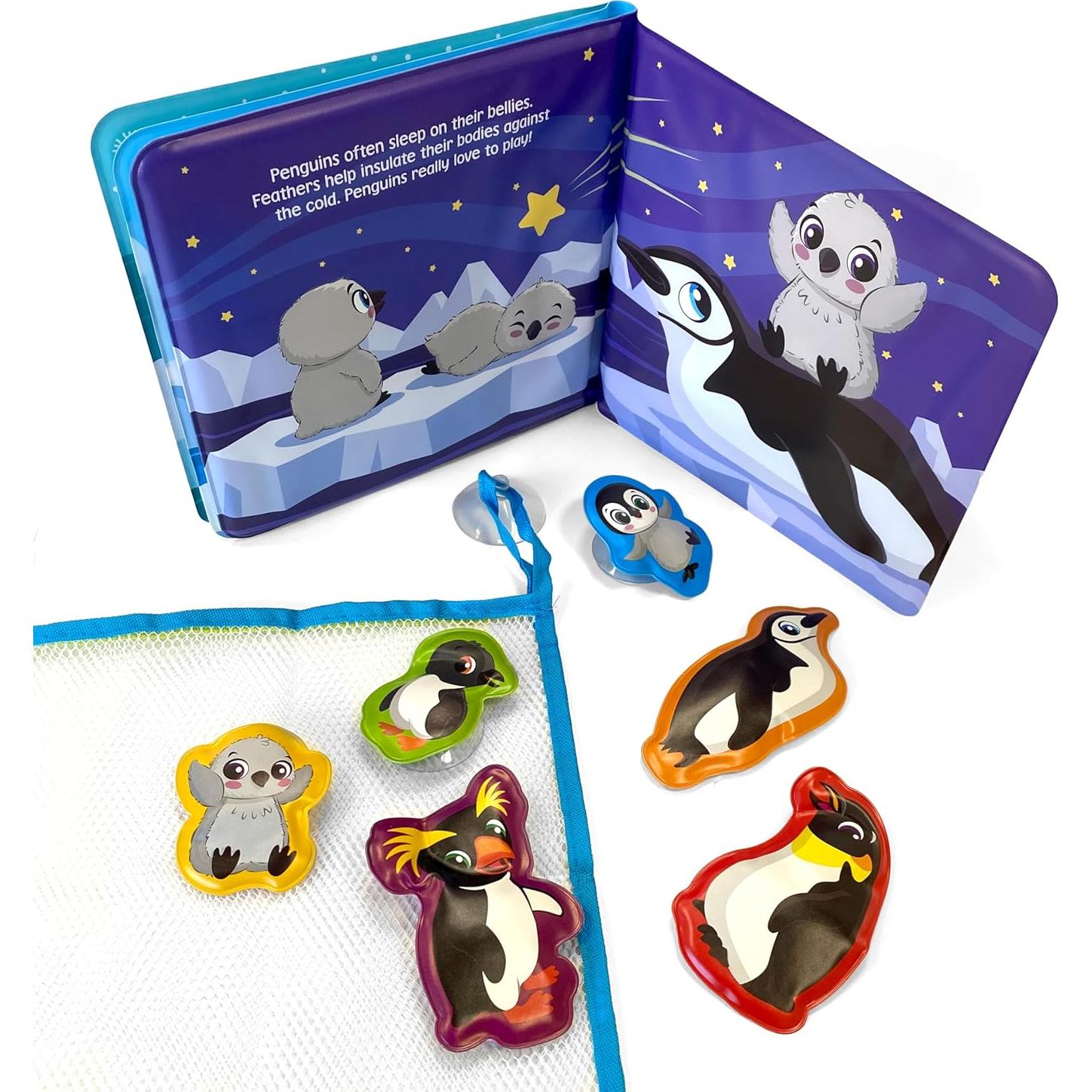 Phidal Penguin Bath Time Books - Activity Books for kids, Bath book, 6 Padded suction cups, 1 Mesh bag