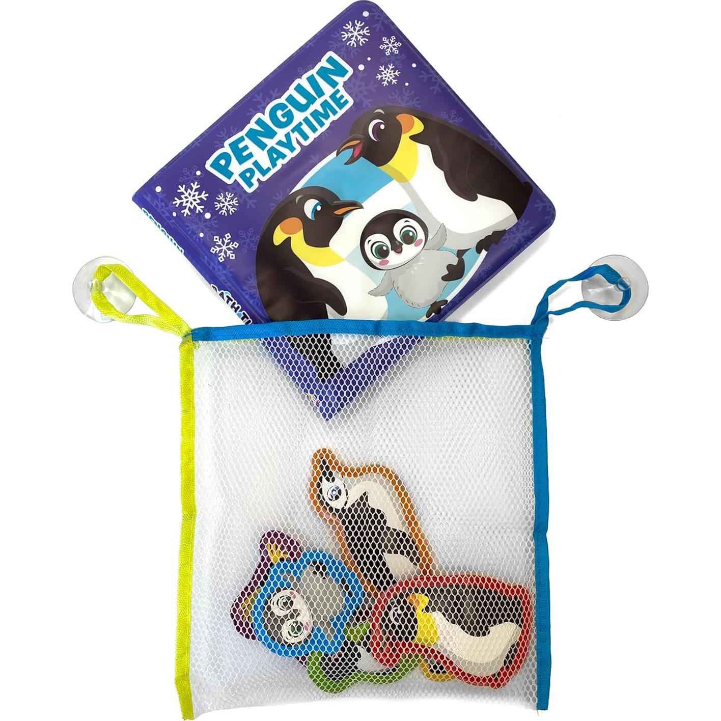 Phidal Penguin Bath Time Books - Activity Books for kids, Bath book, 6 Padded suction cups, 1 Mesh bag
