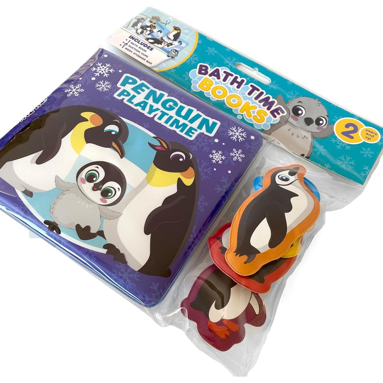 Phidal Penguin Bath Time Books - Activity Books for kids, Bath book, 6 Padded suction cups, 1 Mesh bag