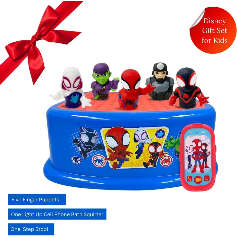 Set de Diversión en la Hora del Baño Spidey - 5 Títeres, Chorro Iluminado y Taburete