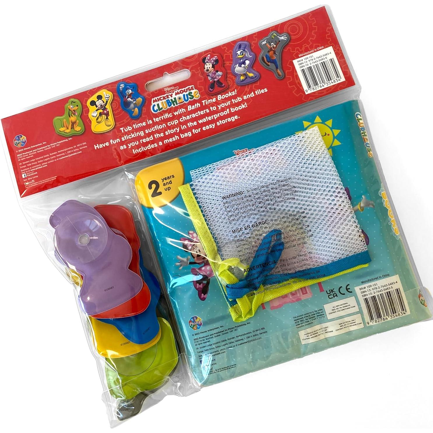 Disney Junior Mickey Bath Time Books - Activity Books for kids, Bath book, 6 Padded suction cups, 1 Mesh bag