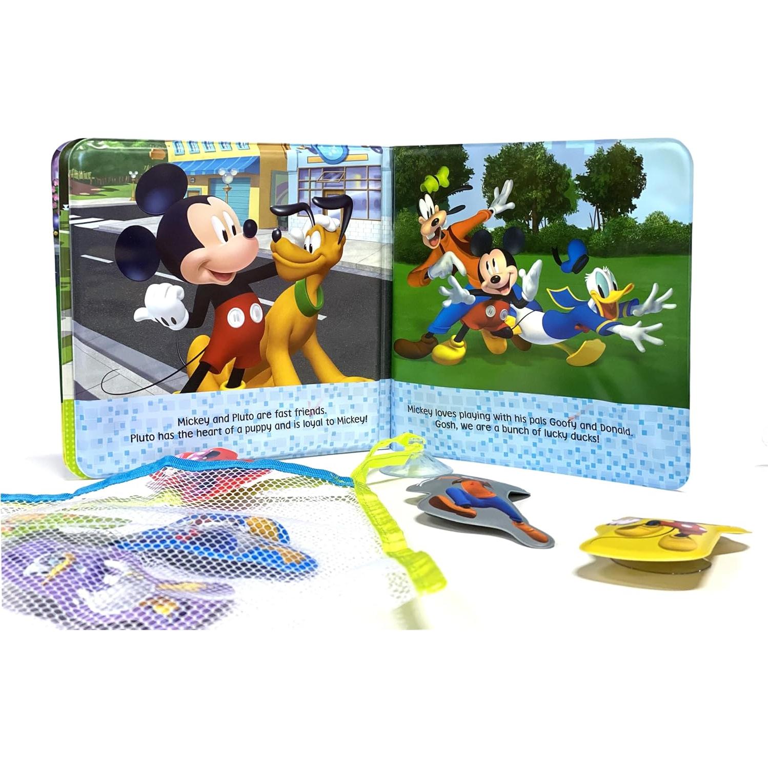 Disney Junior Mickey Bath Time Books - Activity Books for kids, Bath book, 6 Padded suction cups, 1 Mesh bag
