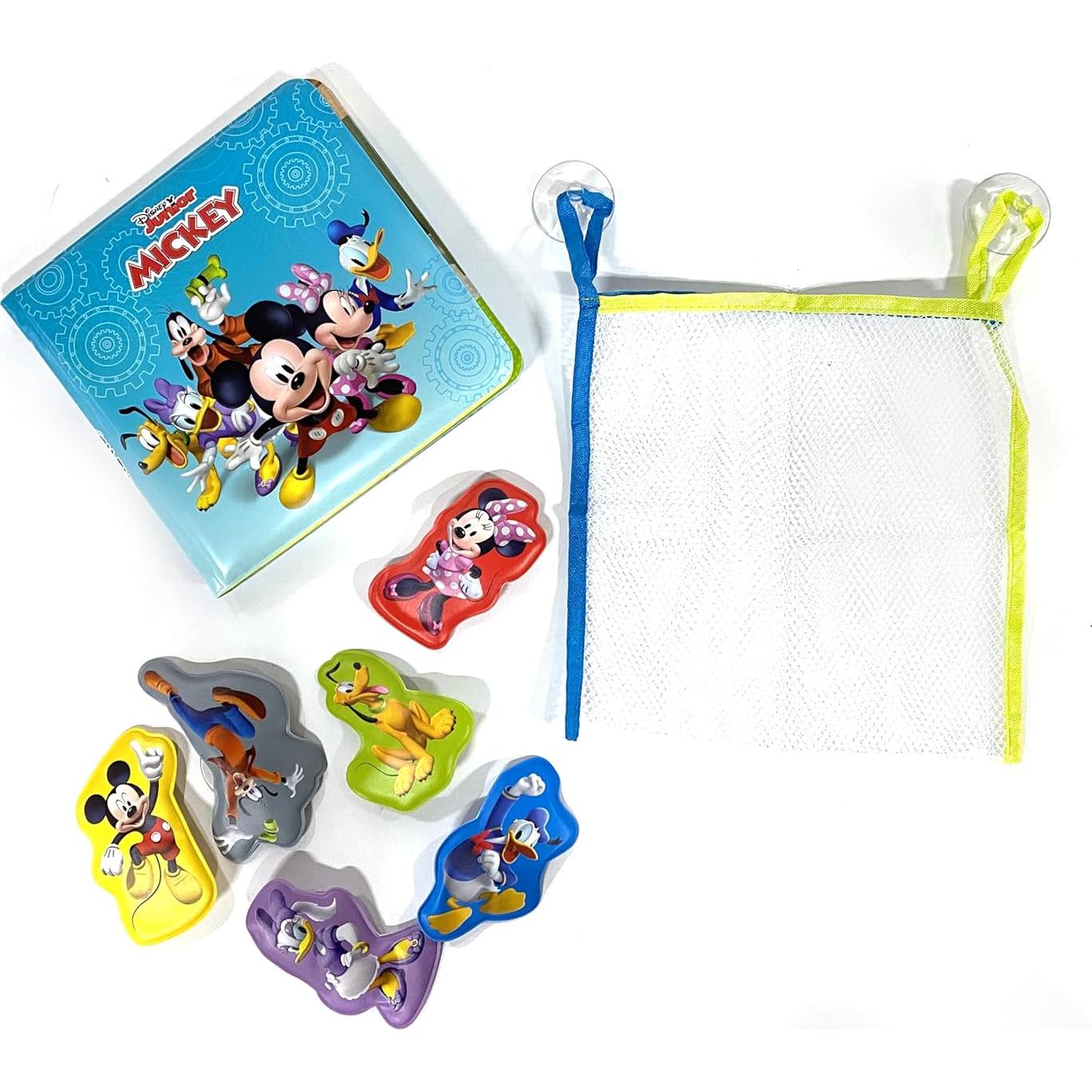 Disney Junior Mickey Bath Time Books - Activity Books for kids, Bath book, 6 Padded suction cups, 1 Mesh bag