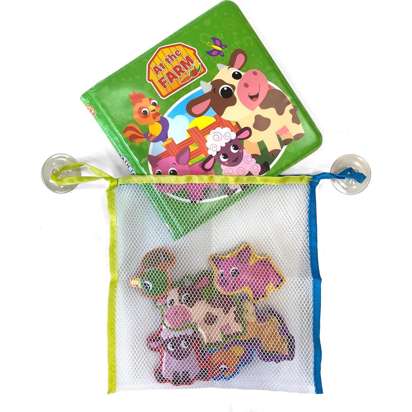 Phidal Farm Bath Time Books - Activity Books for kids, Bath book, 6 Padded suction cups, 1 Mesh bag