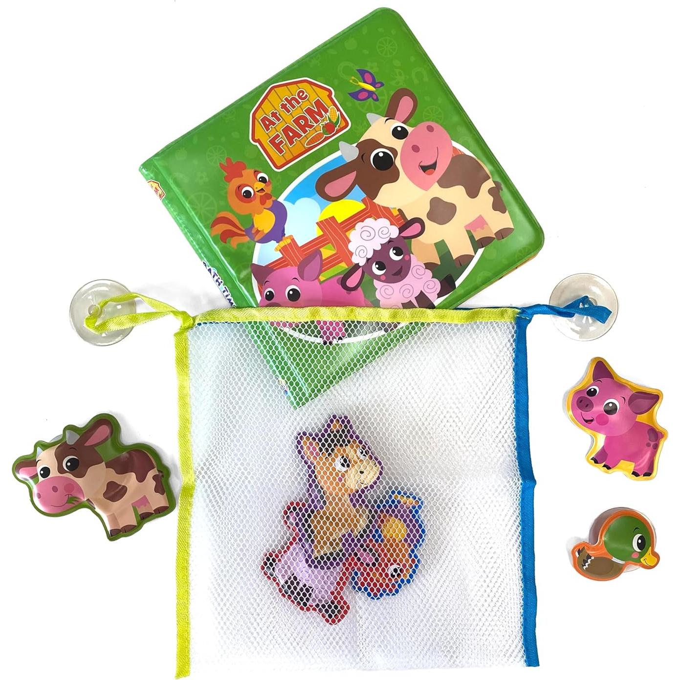 Phidal Farm Bath Time Books - Activity Books for kids, Bath book, 6 Padded suction cups, 1 Mesh bag