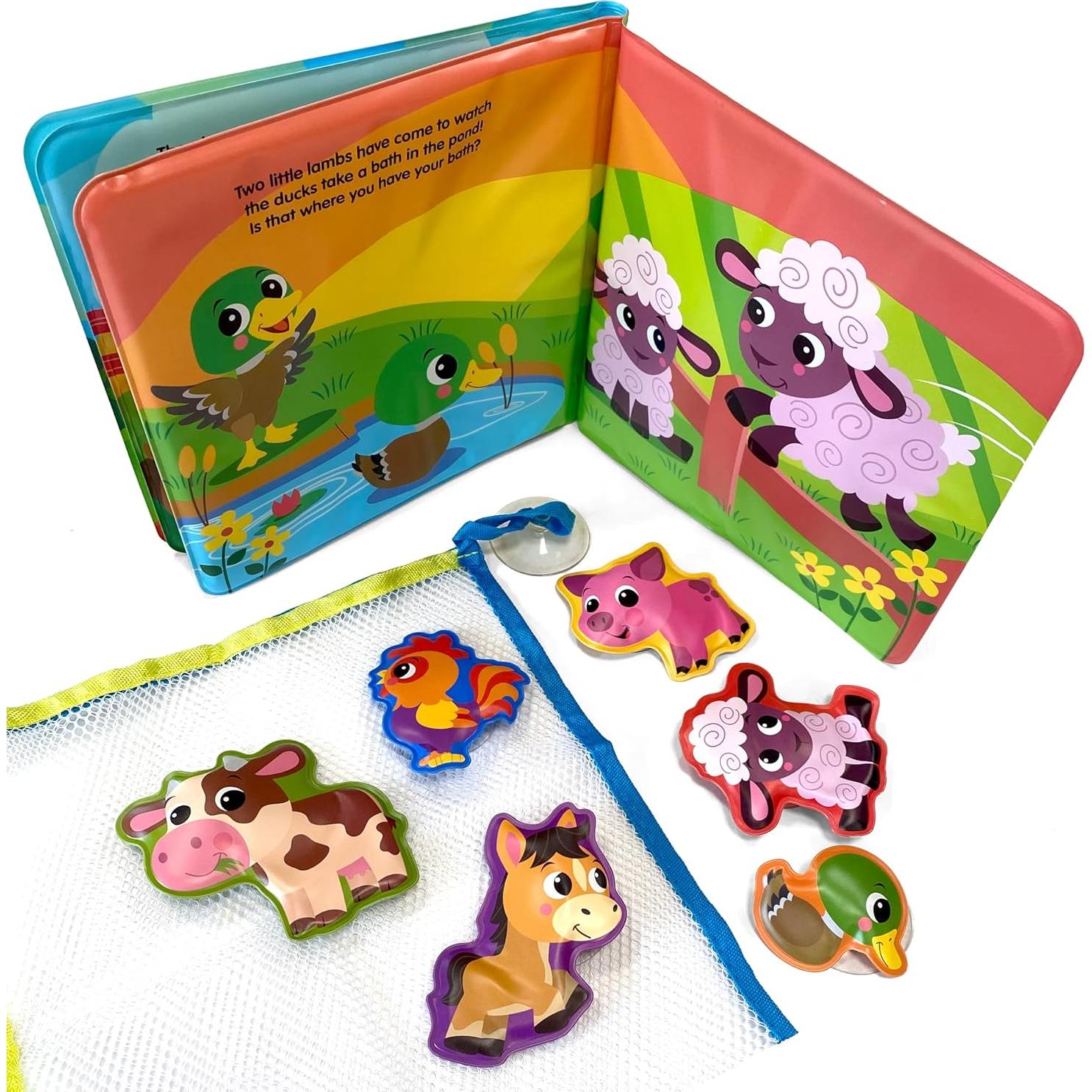 Phidal Farm Bath Time Books - Activity Books for kids, Bath book, 6 Padded suction cups, 1 Mesh bag