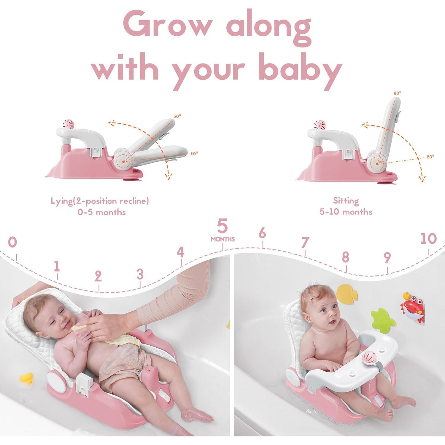 Asiento de Baño para Bebés BabyBond Rosa, 3 Modos, Ventosas