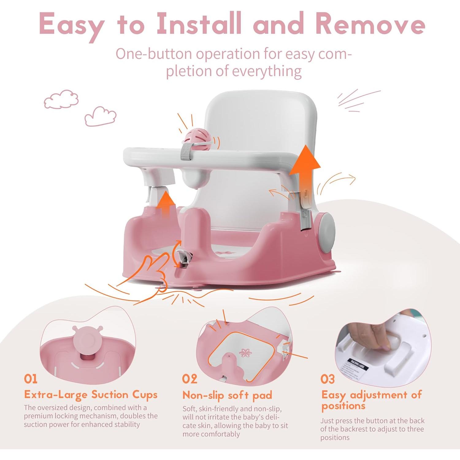 Asiento de Baño para Bebés BabyBond Rosa, 3 Modos, Ventosas