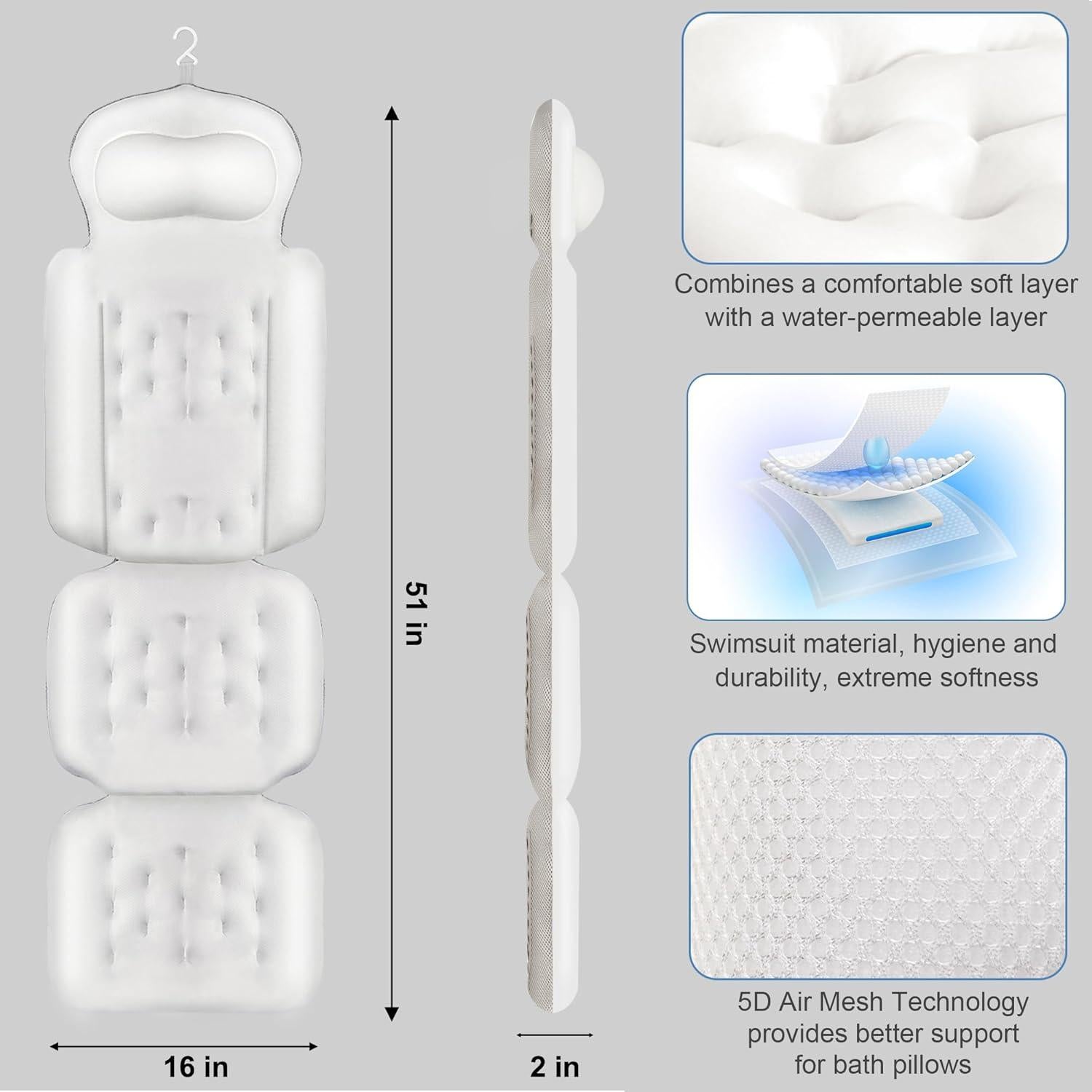 Almohada de Baño Naposeuo 129.5x40.6cm Soporte Espalda Cuello