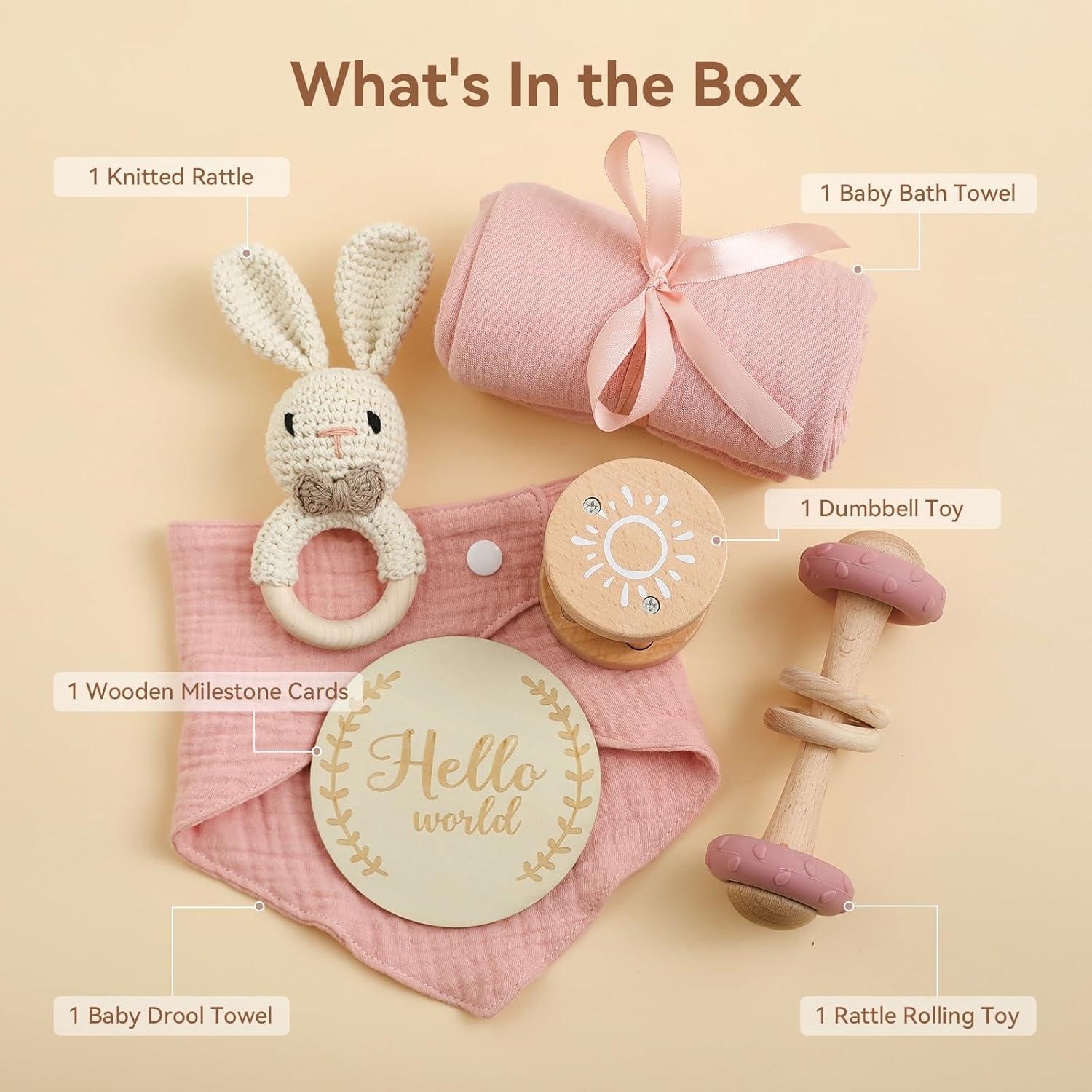 Set de Regalo de Madera 6 Piezas para Bebé Rosa - Baby Shower