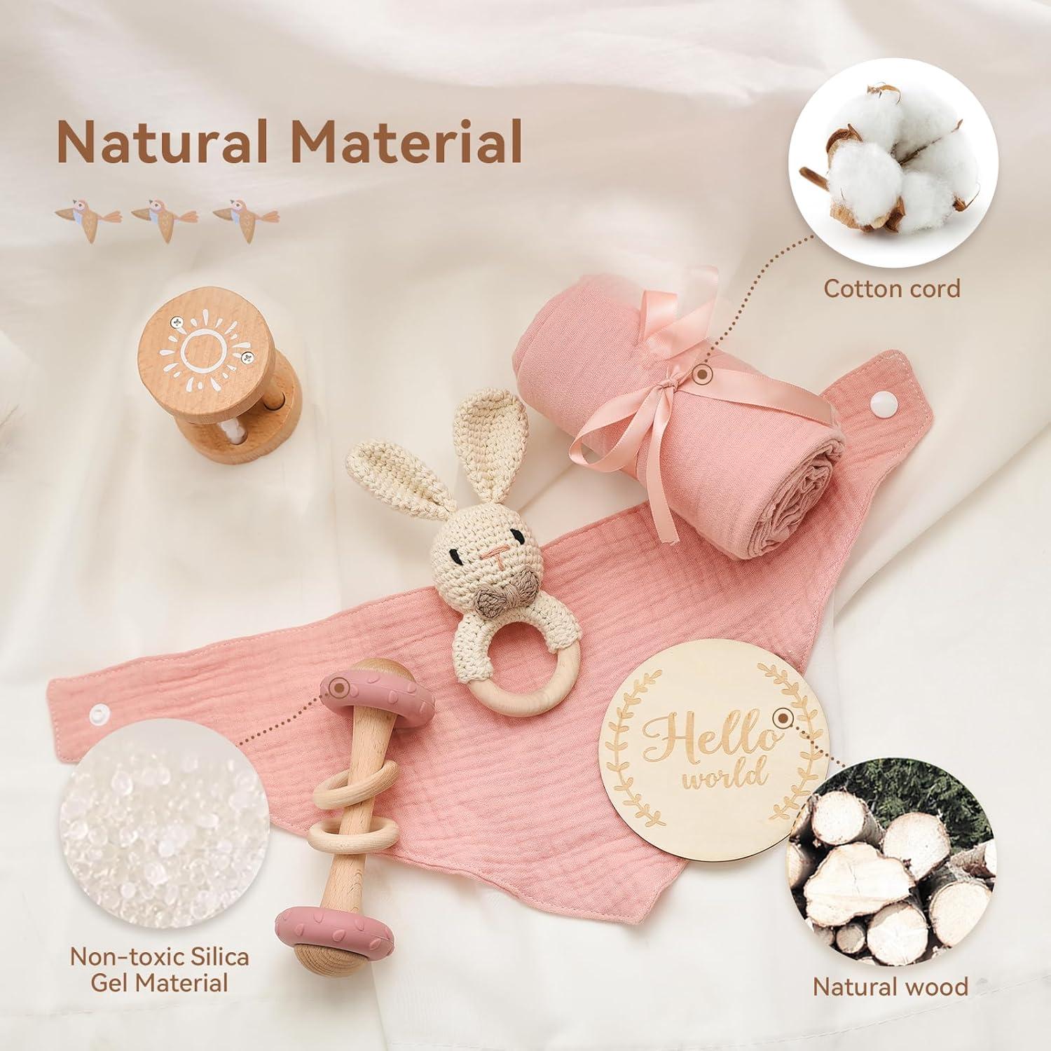 Set de Regalo de Madera 6 Piezas para Bebé Rosa - Baby Shower