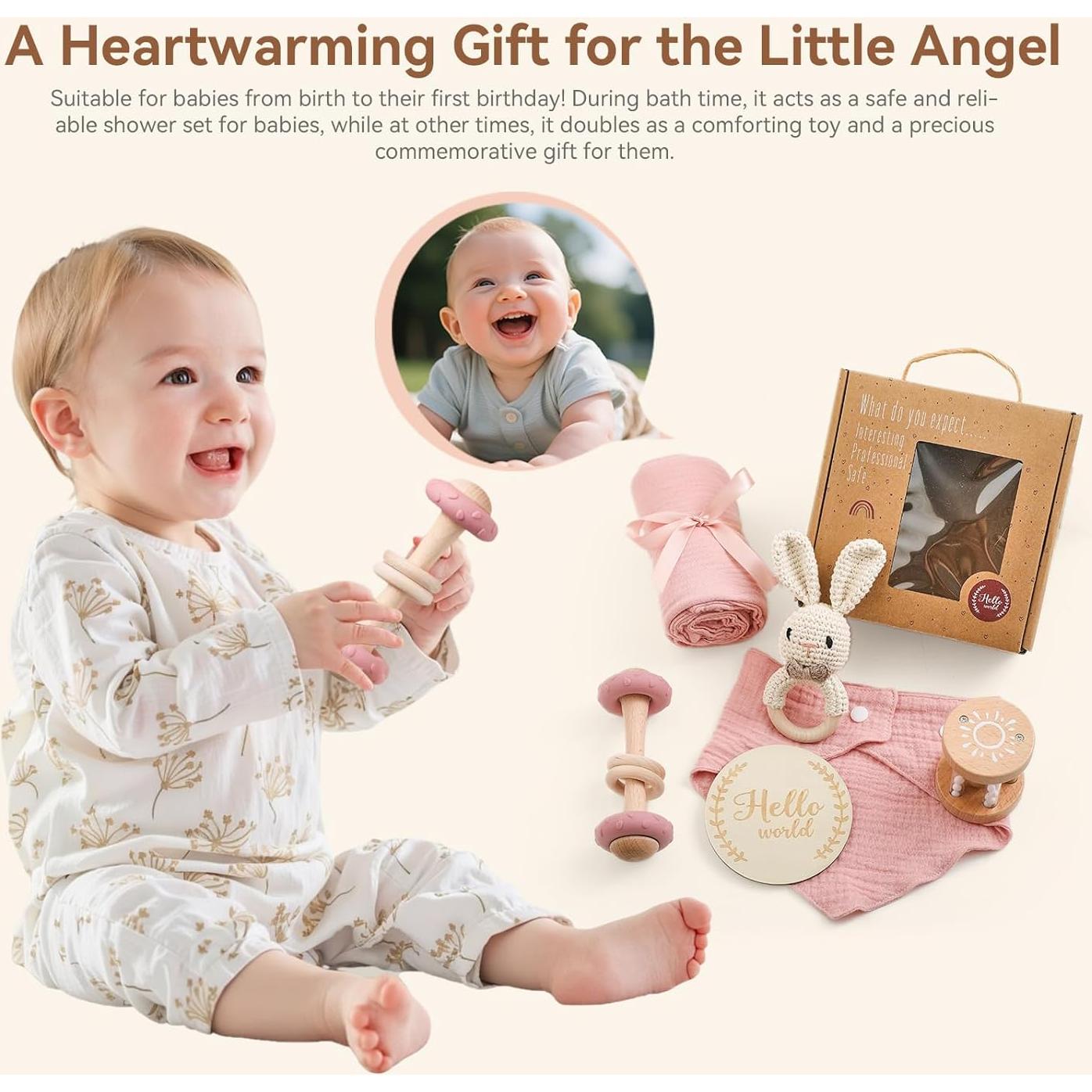 Set de Regalo de Madera 6 Piezas para Bebé Rosa - Baby Shower