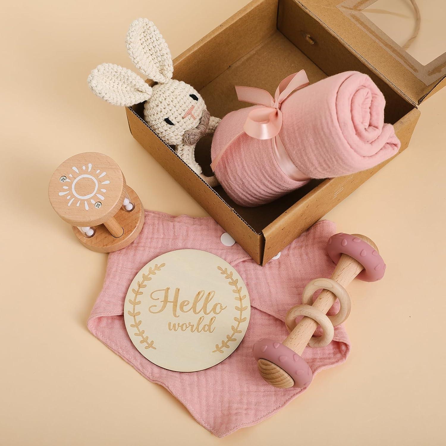 Set de Regalo de Madera 6 Piezas para Bebé Rosa - Baby Shower