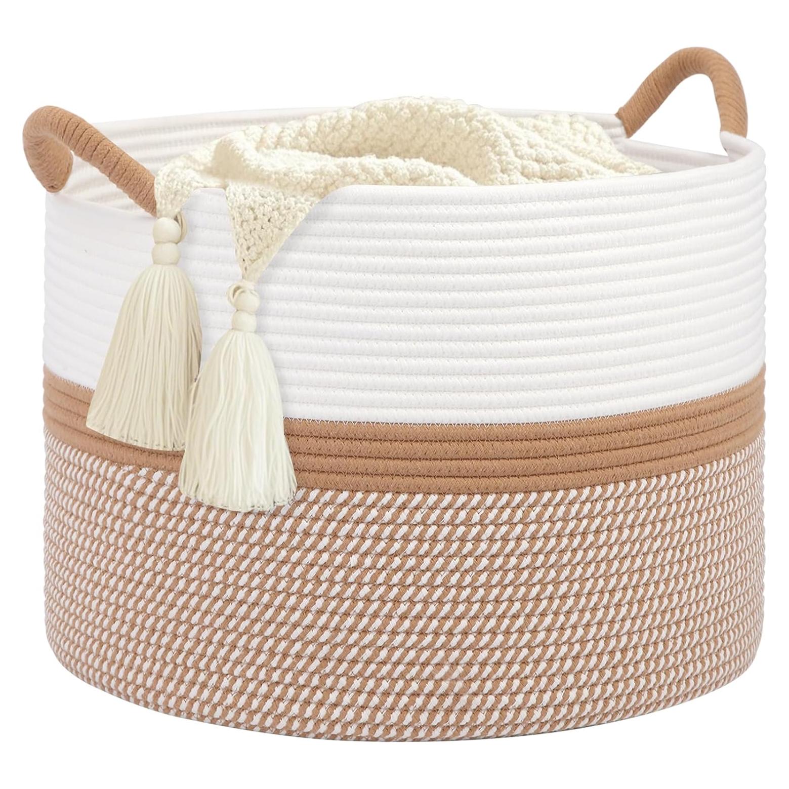 Cesta de lavandería HOBASKET 70L Algodón Tejido Blanco/Marrón