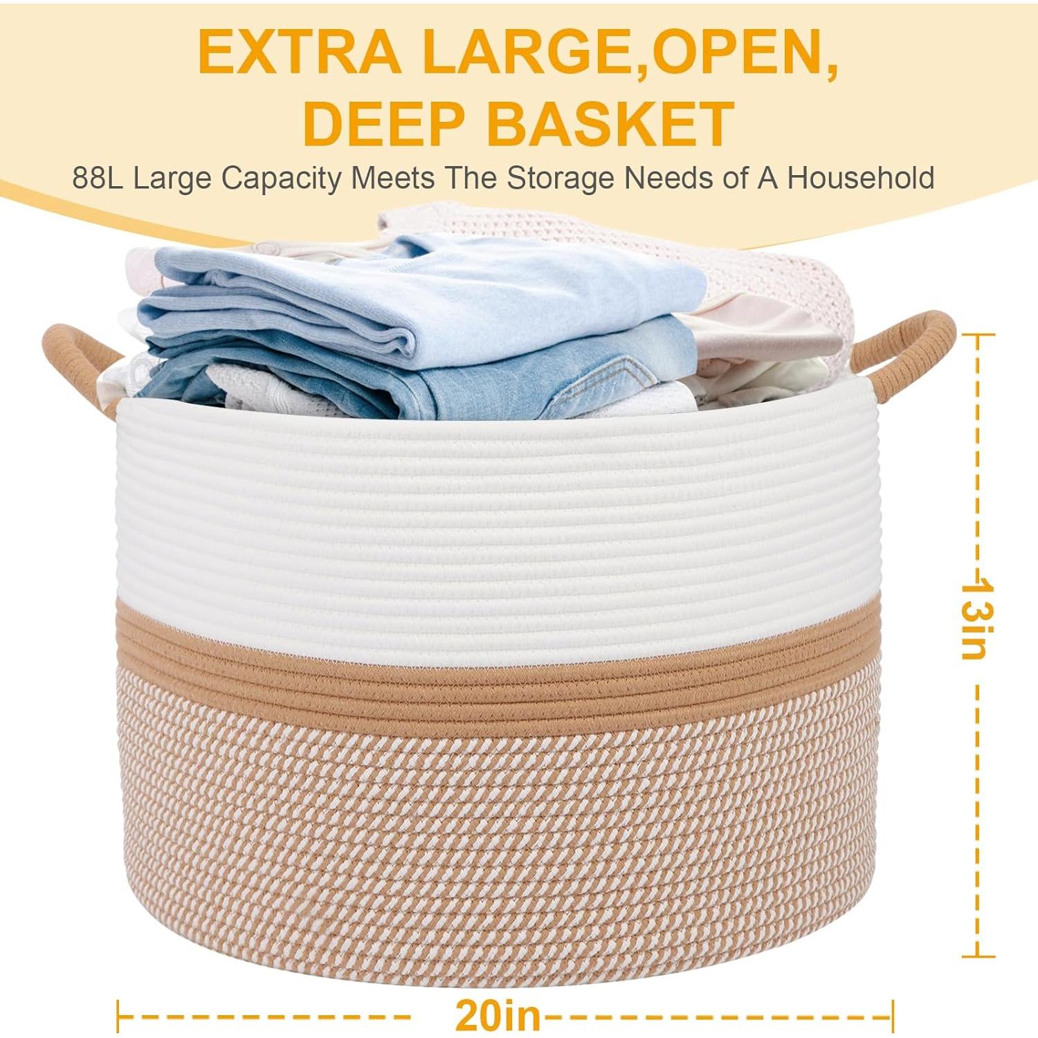 Cesta de lavandería HOBASKET 70L Algodón Tejido Blanco/Marrón