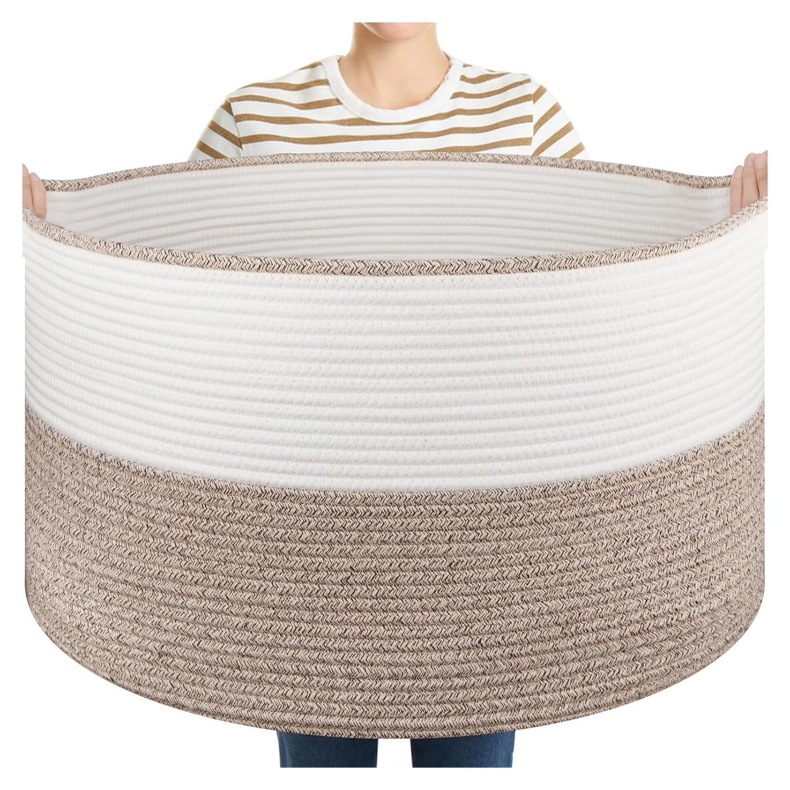 Cesta de Almacenamiento Grande OIASKET 90L Algodón Marrón y Blanco