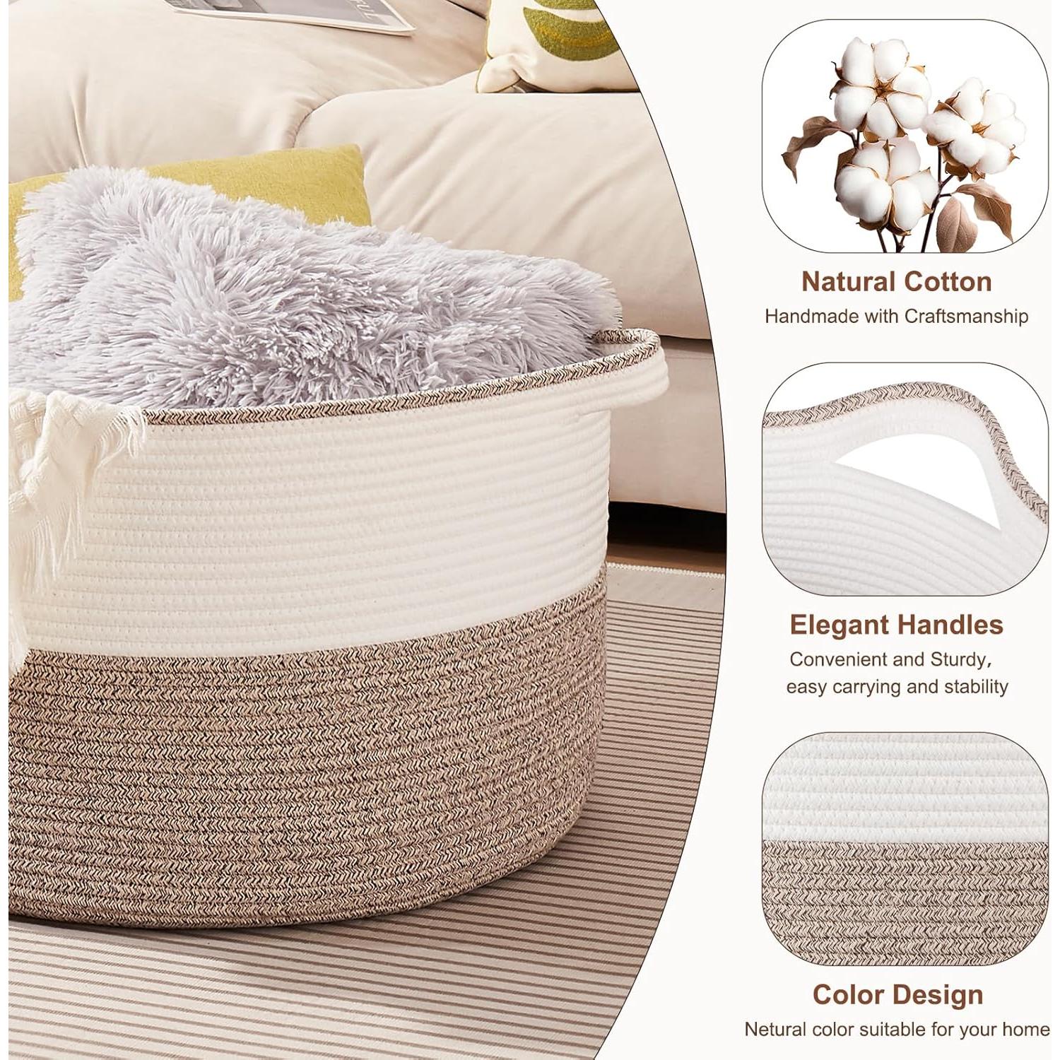 Cesta de Almacenamiento Grande OIASKET 90L Algodón Marrón y Blanco