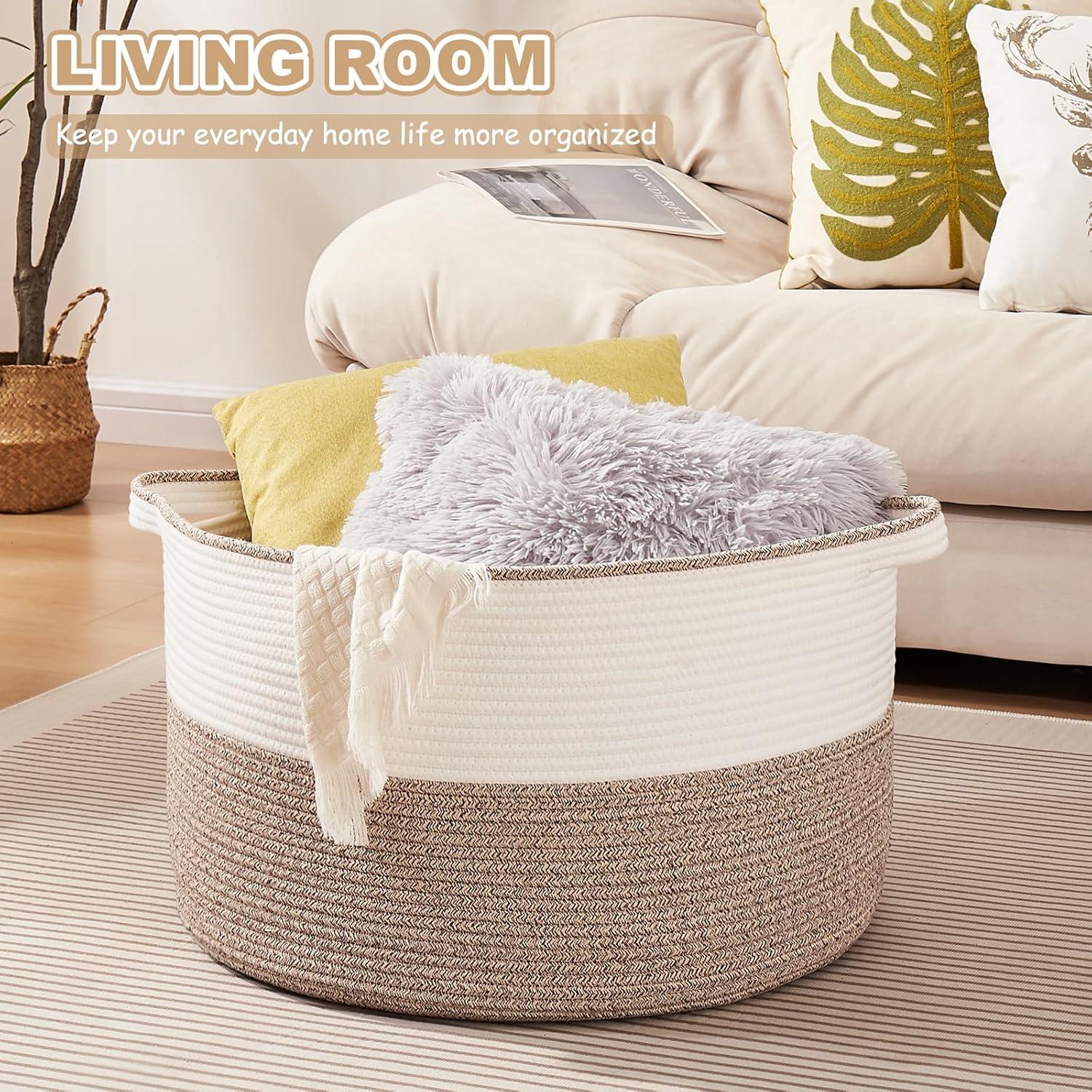 Cesta de Almacenamiento Grande OIASKET 90L Algodón Marrón y Blanco