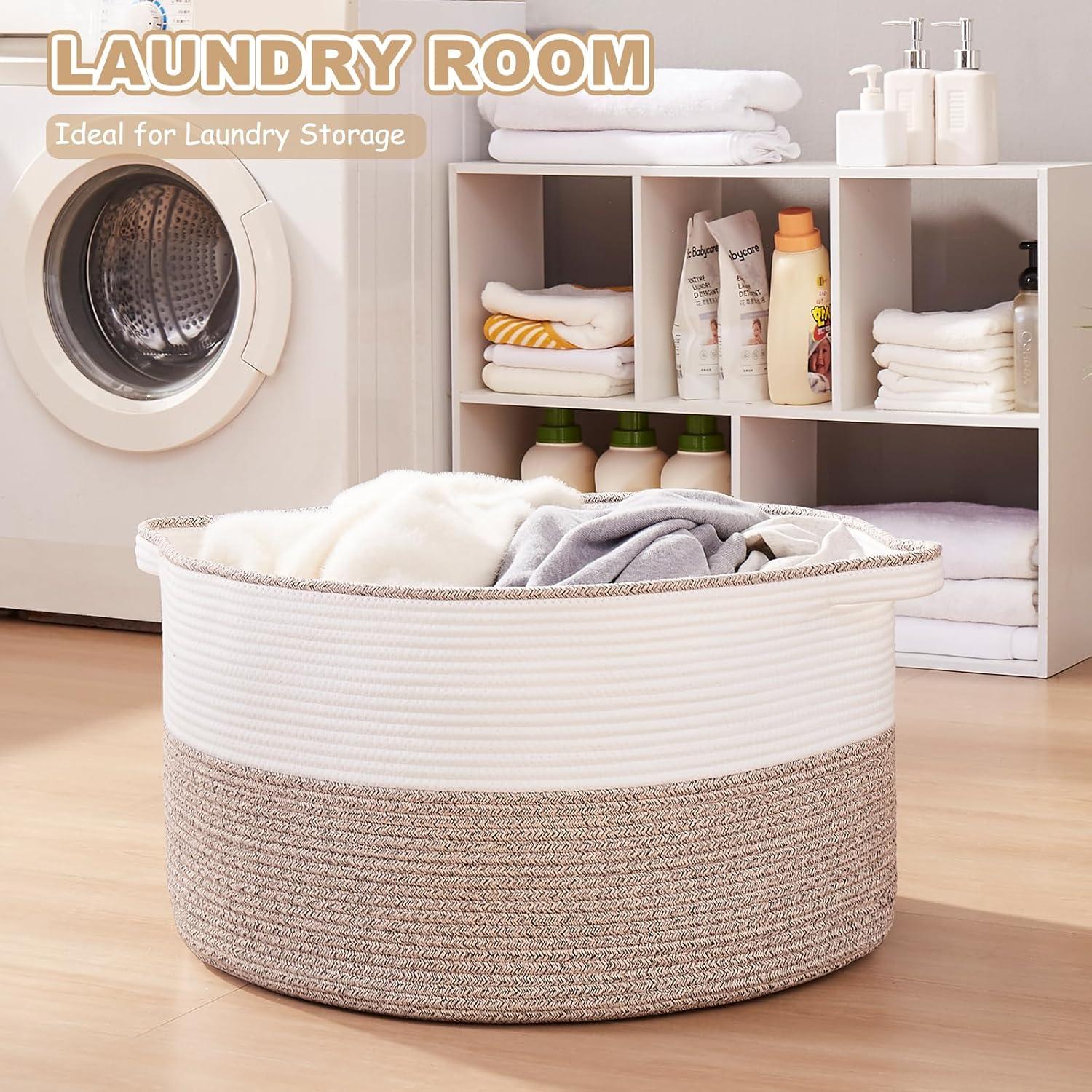 Cesta de Almacenamiento Grande OIASKET 90L Algodón Marrón y Blanco