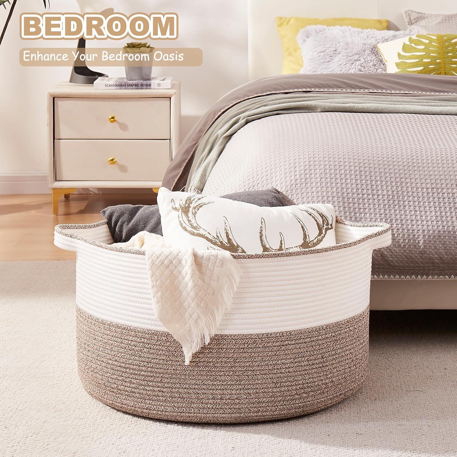 Cesta de Almacenamiento Grande OIASKET 90L Algodón Marrón y Blanco