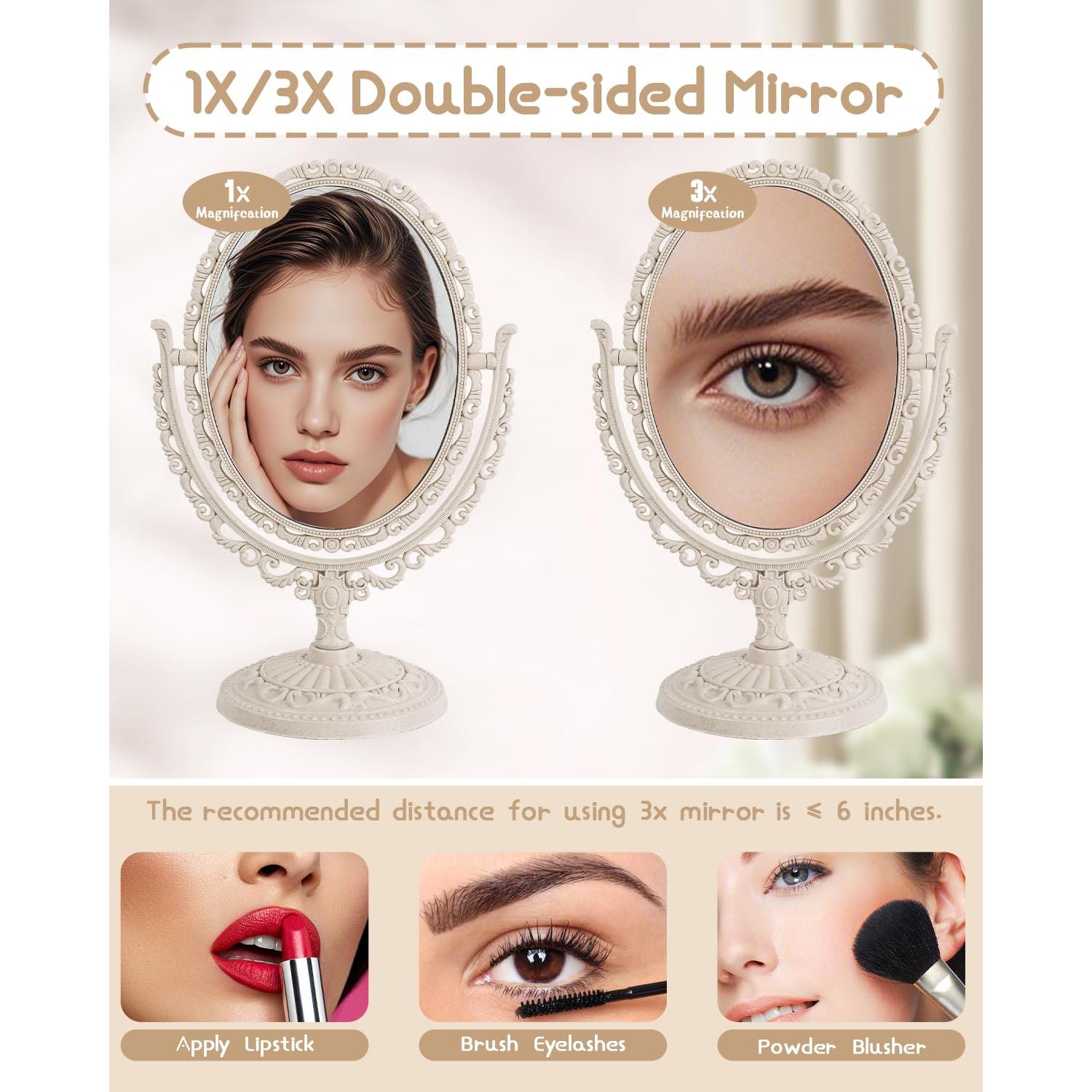 Espejo de Tocador Vintage XPXKJ Doble Cara 1X/3X Beige