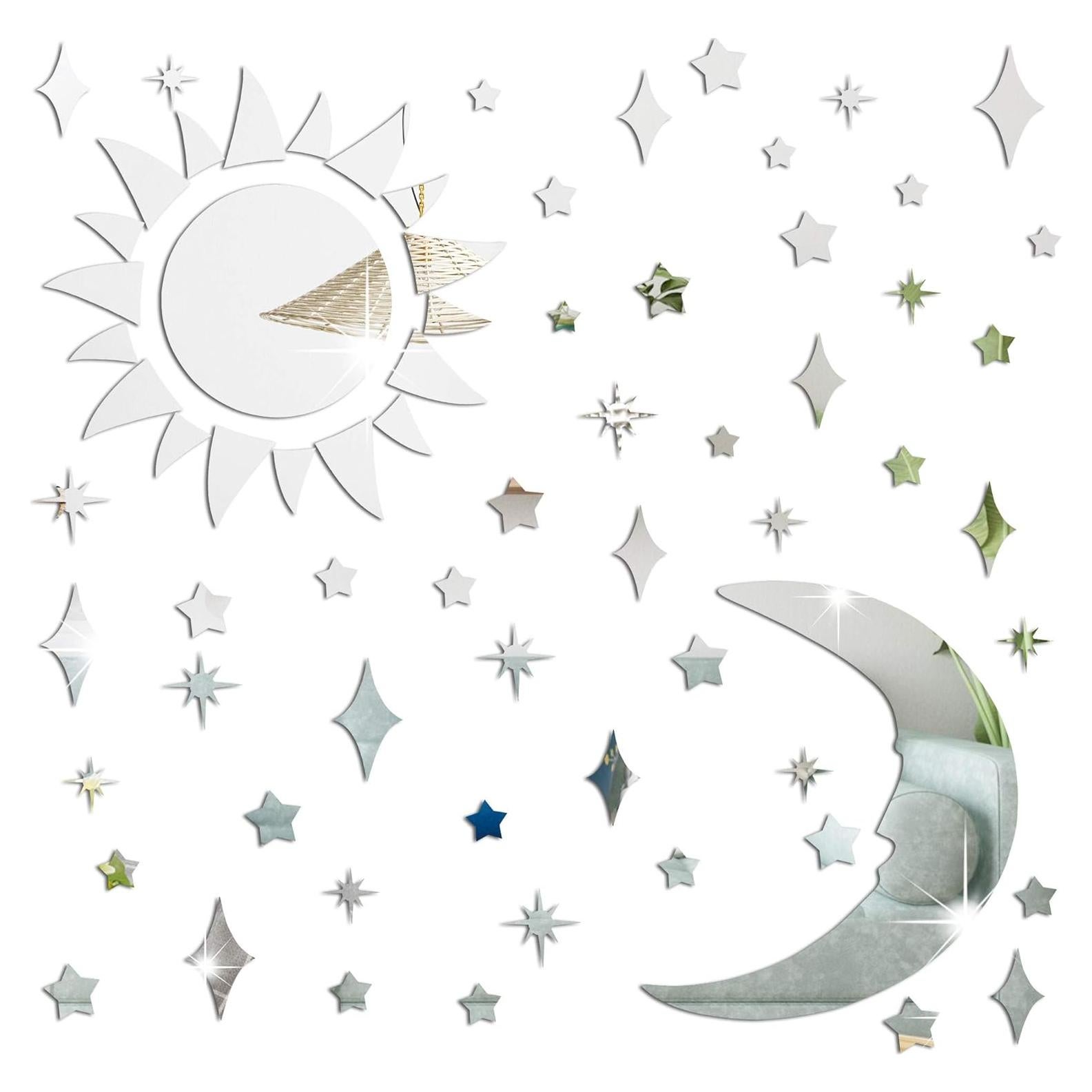 Calcomanía de Pared Espejo Acrílico Luna y Estrellas Amaonm