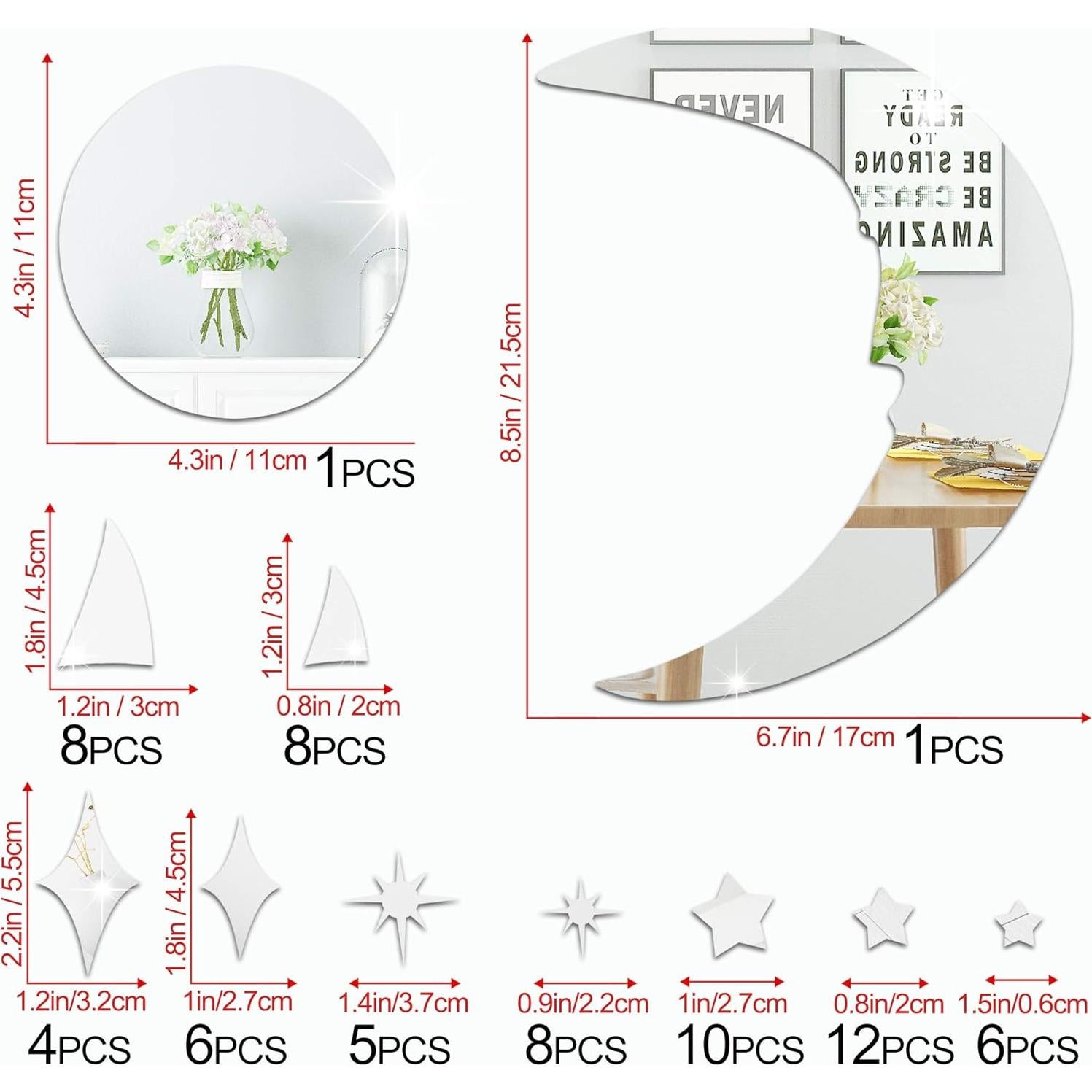 Calcomanía de Pared Espejo Acrílico Luna y Estrellas Amaonm